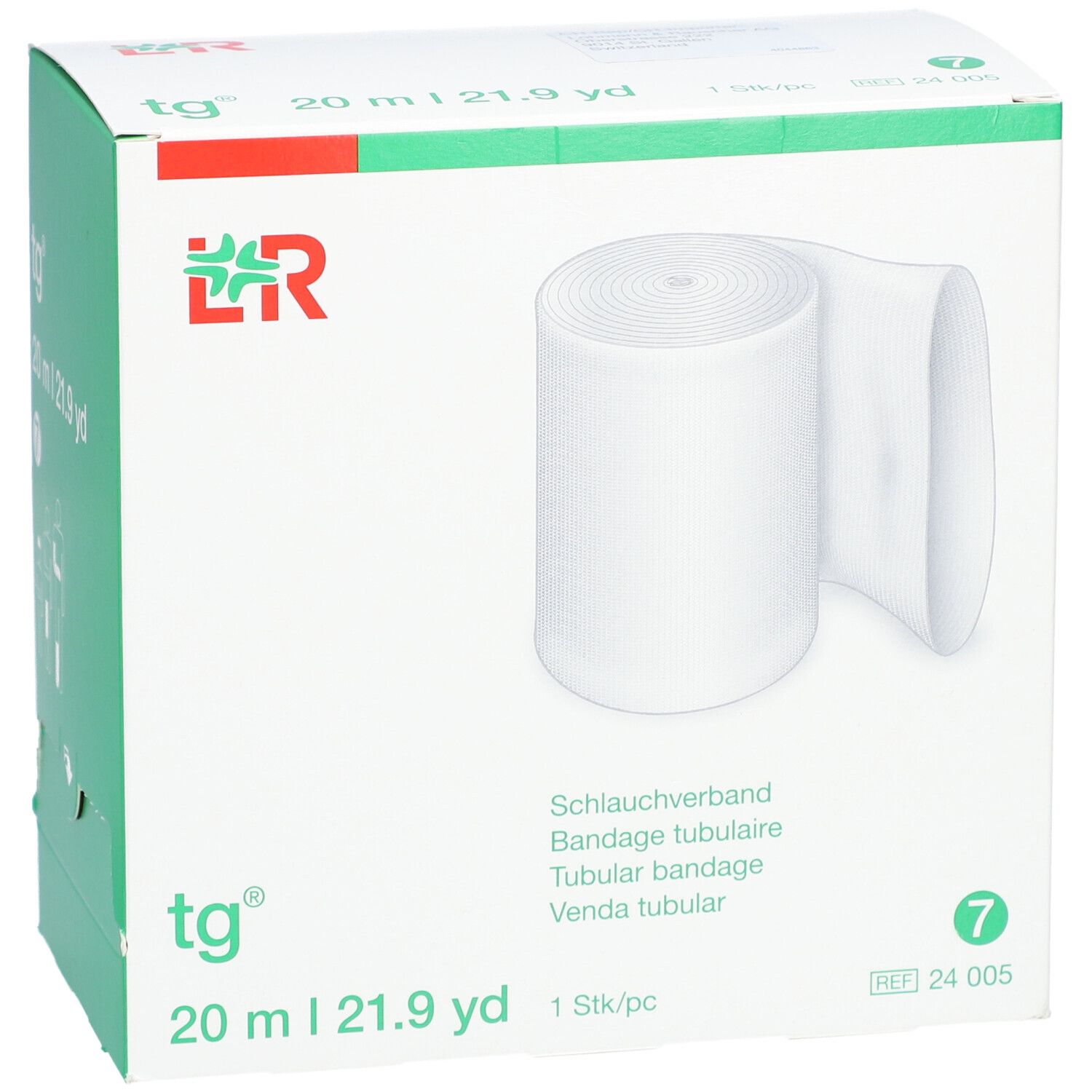 Verpackung mit weißem Schlauchverband. Aufdruck: tg®, 20 m, 7. Produktbezeichnung und Logo.