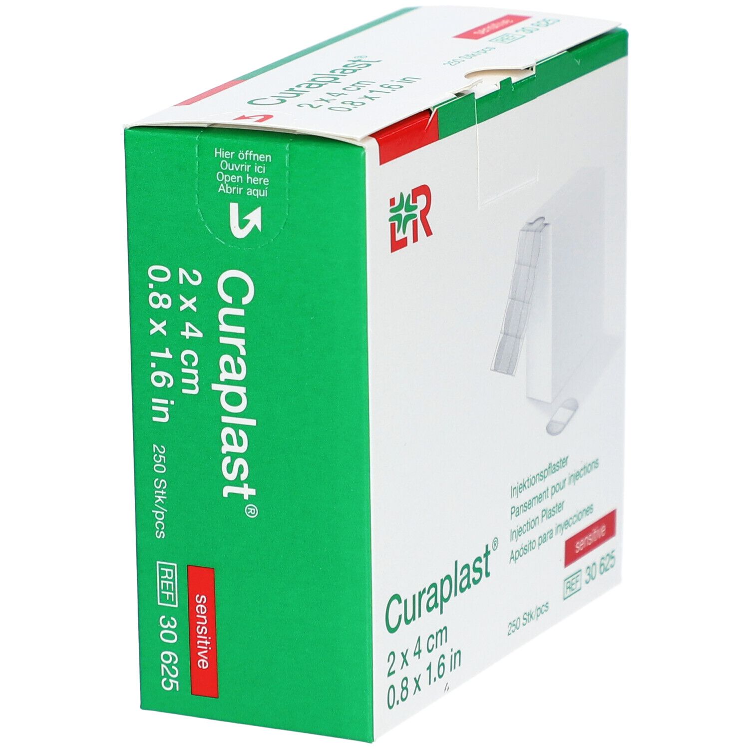 Seitenansicht der Verpackung von Curaplast® sensitiv Injektionspflaster. Box mit Produktabbildung, Größenangabe 2x4 cm.