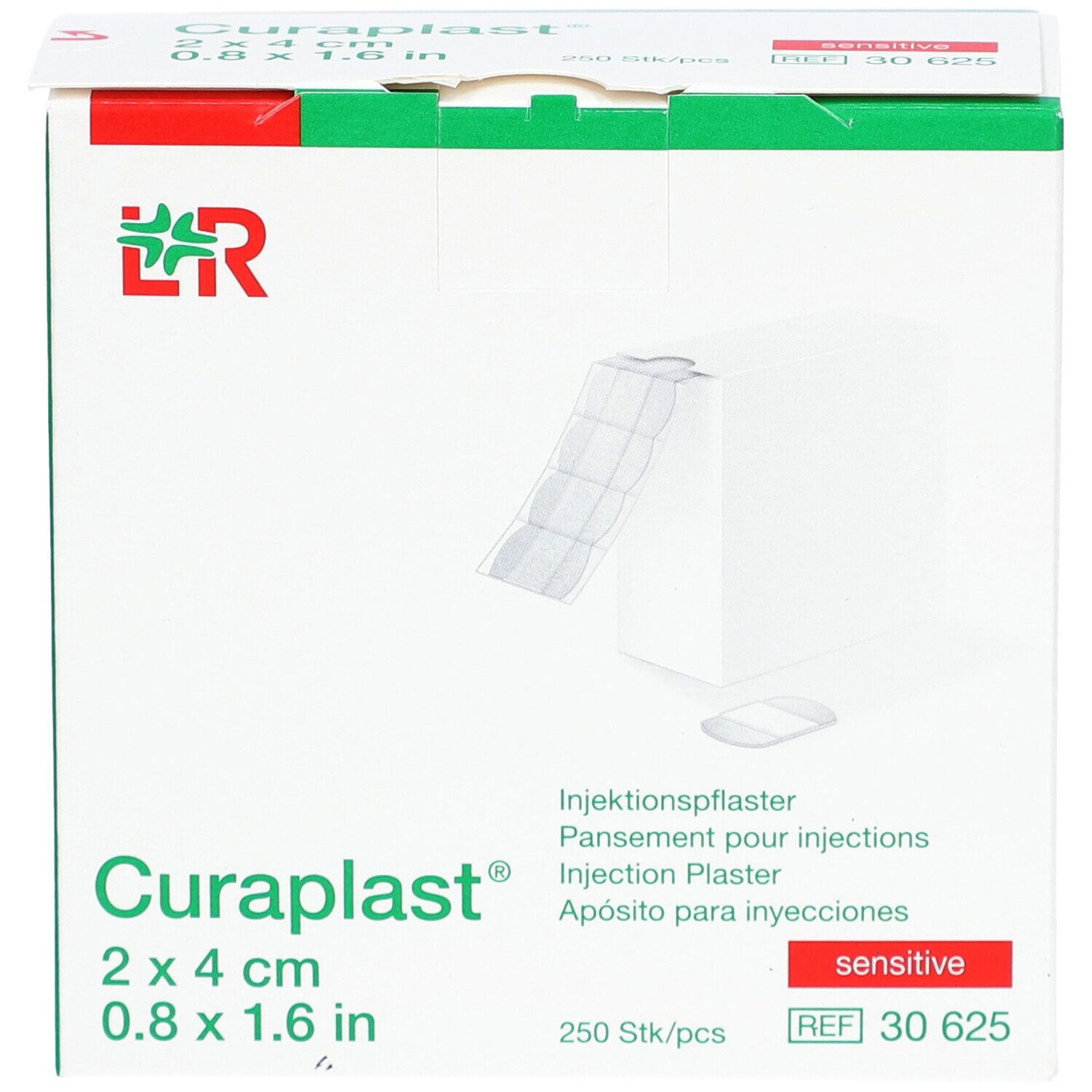 Vorderansicht der Verpackung von Curaplast® sensitiv Injektionspflaster. Box mit Produktabbildung, Größenangabe 2x4 cm, 250 Stück.