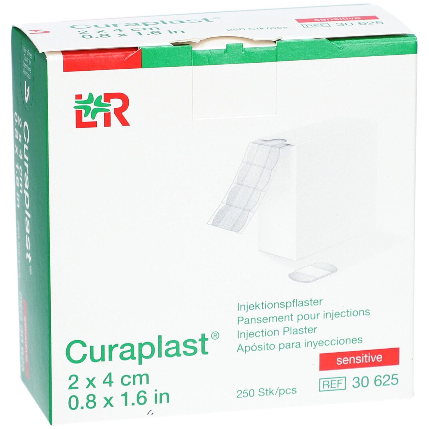 Vorderansicht der Verpackung von Curaplast® sensitiv Injektionspflaster. Box mit Produktabbildung, Größenangabe 2x4 cm, 250 Stück.