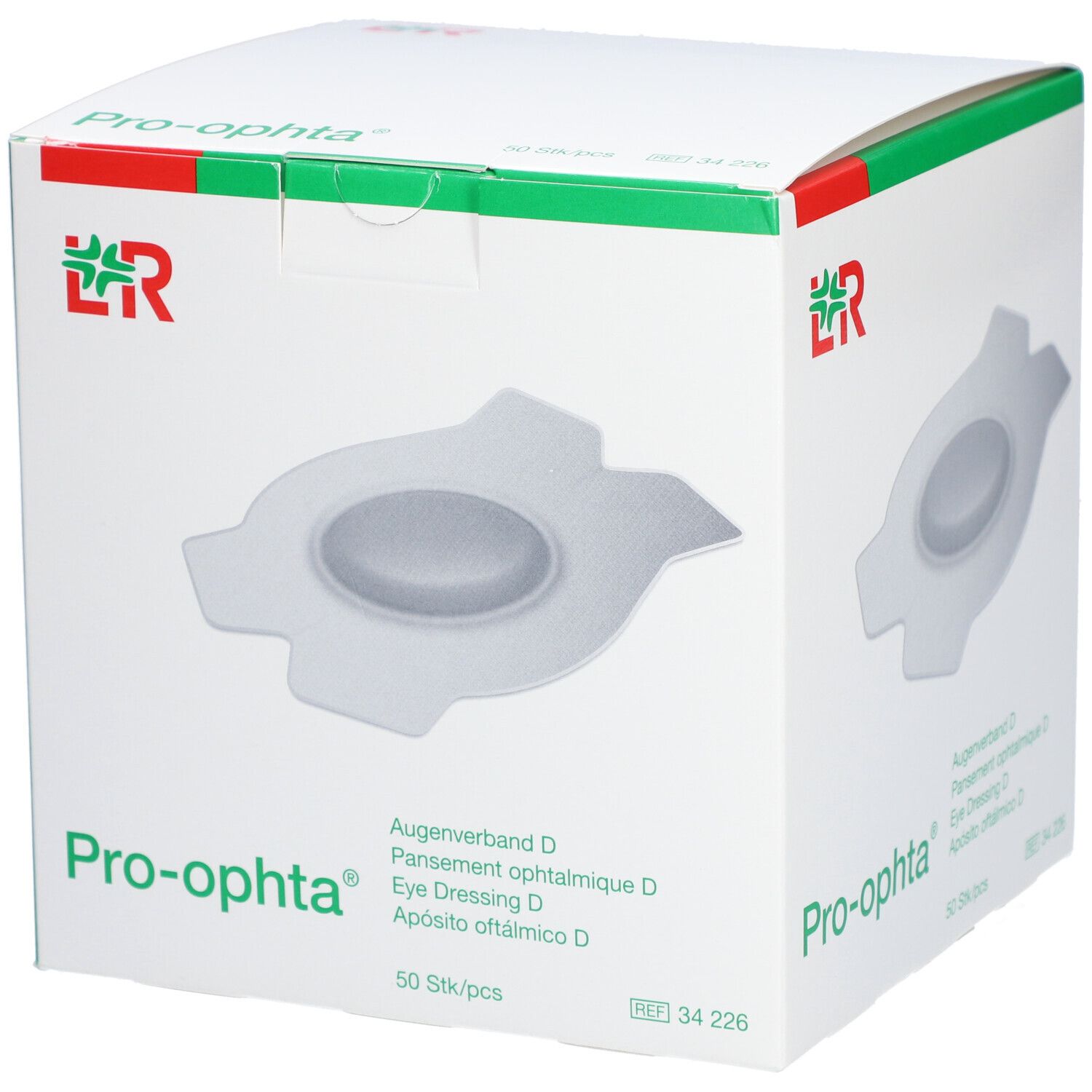 Verpackung von Pro-ophta Augenpflaster D. Weiße Schachtel mit Produktabbildung und Schriftzug. 50 Stück.