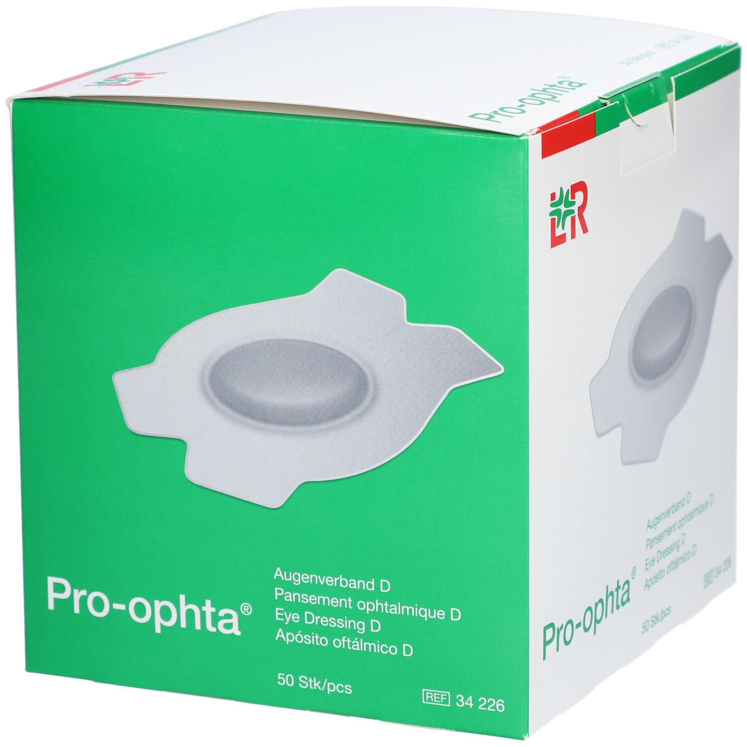Verpackung von Pro-ophta Augenpflaster D. Weiße Schachtel mit Produktabbildung und Schriftzug. 50 Stück.