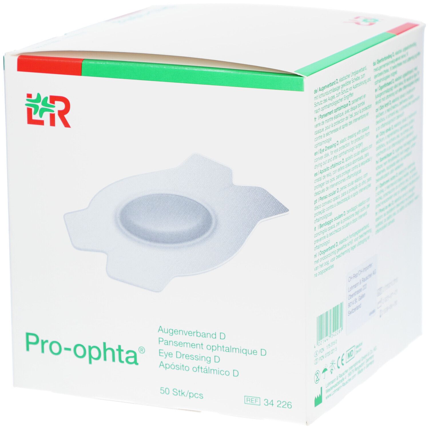 Verpackung von Pro-ophta Augenpflaster D. Weiße Schachtel mit Produktabbildung und Schriftzug. 50 Stück.