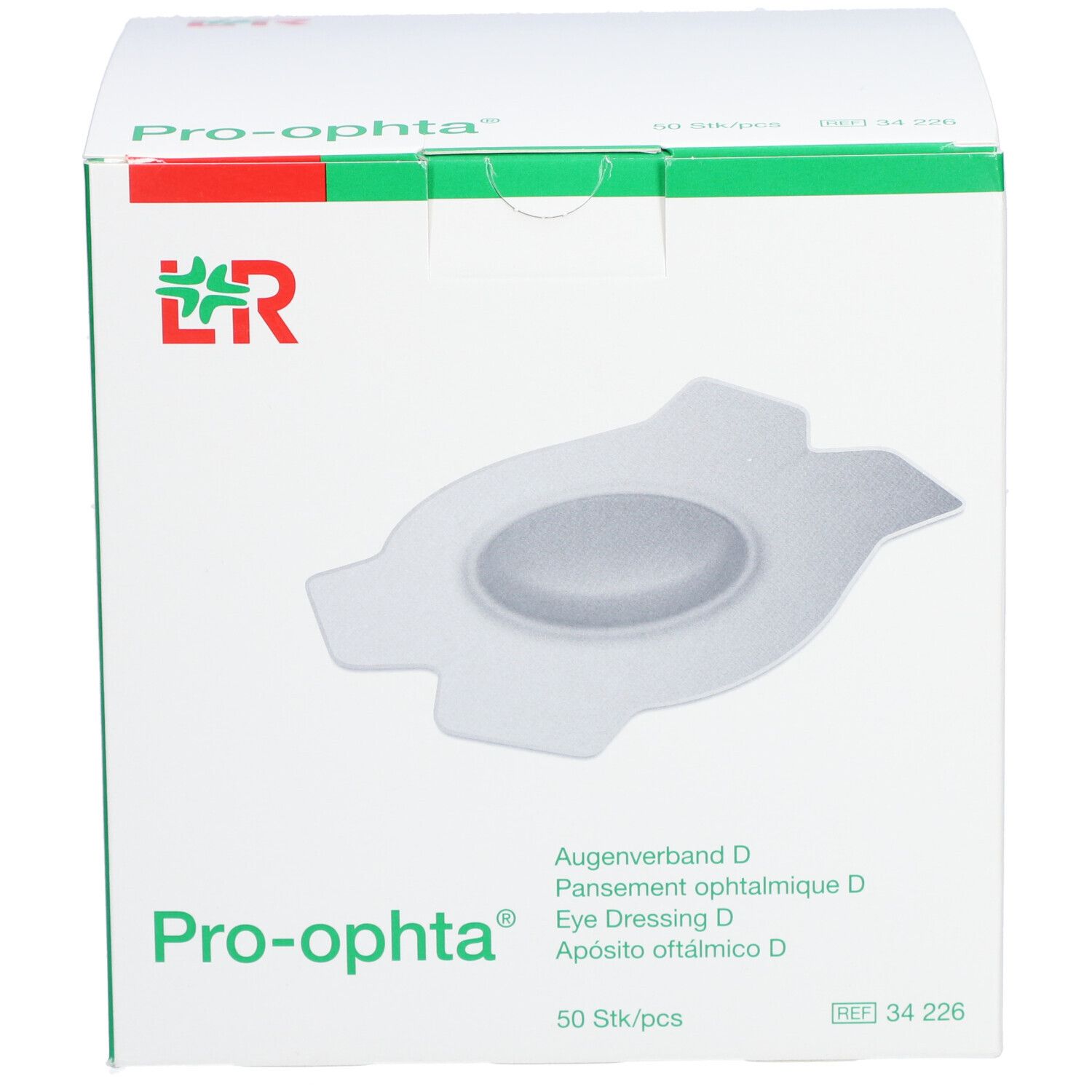 Verpackung von Pro-ophta Augenpflaster D. Weiße Schachtel mit Produktabbildung und Schriftzug. 50 Stück.