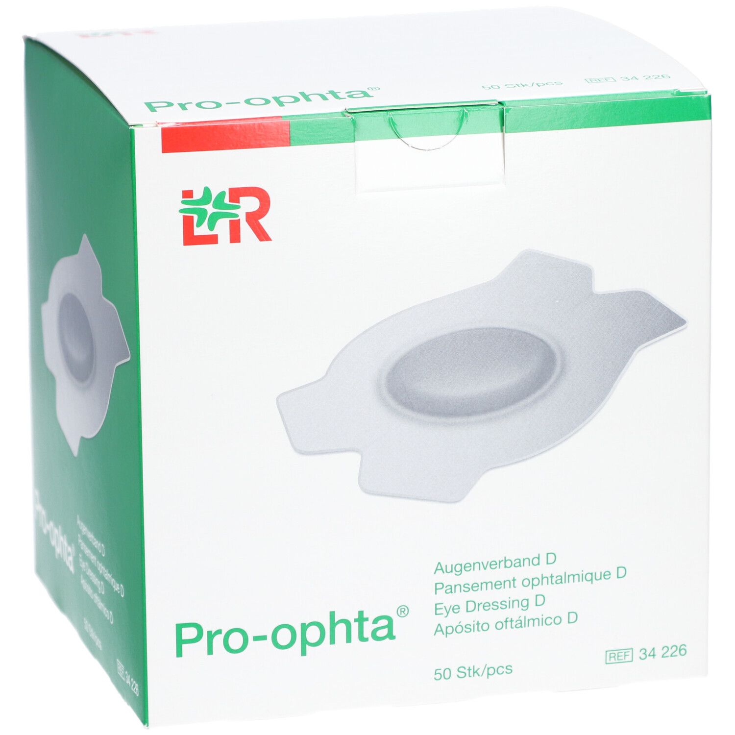 Verpackung von Pro-ophta Augenpflaster D. Weiße Schachtel mit Produktabbildung und Schriftzug. 50 Stück.