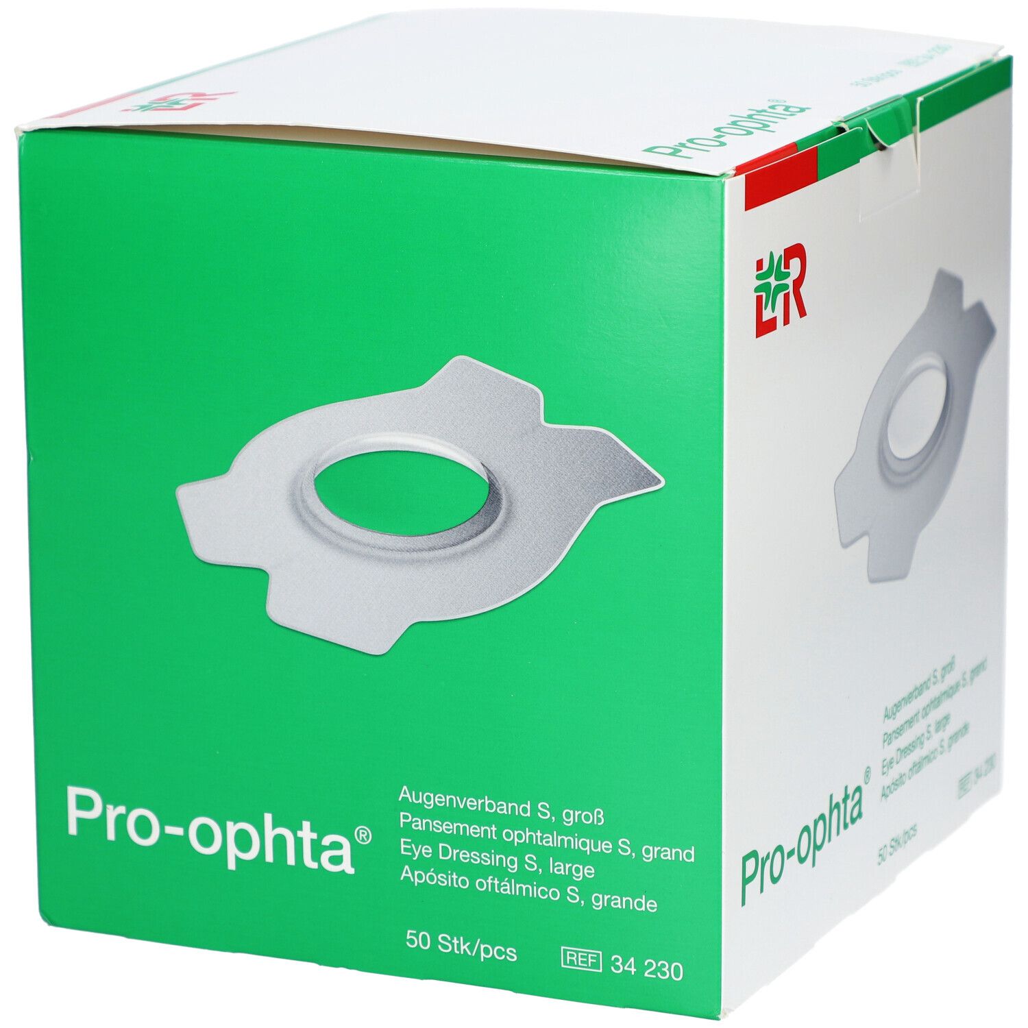 Karton mit Pro-ophta® Augenverband S. Grün. Aufdruck: Augenverband S, 50 Stück. Logo LR.