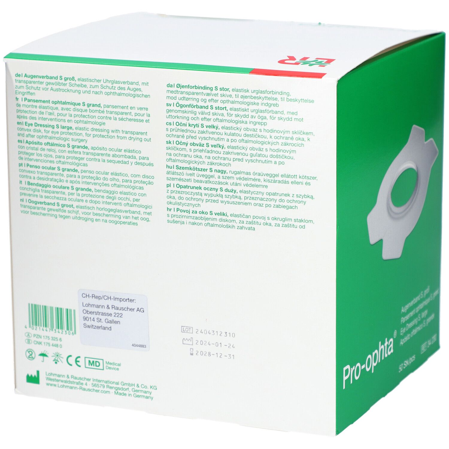 Rückseite der Pro-ophta® Augenverband S Verpackung. Text in Deutsch, Englisch, Französisch, Italienisch, Spanisch, Schwedisch.