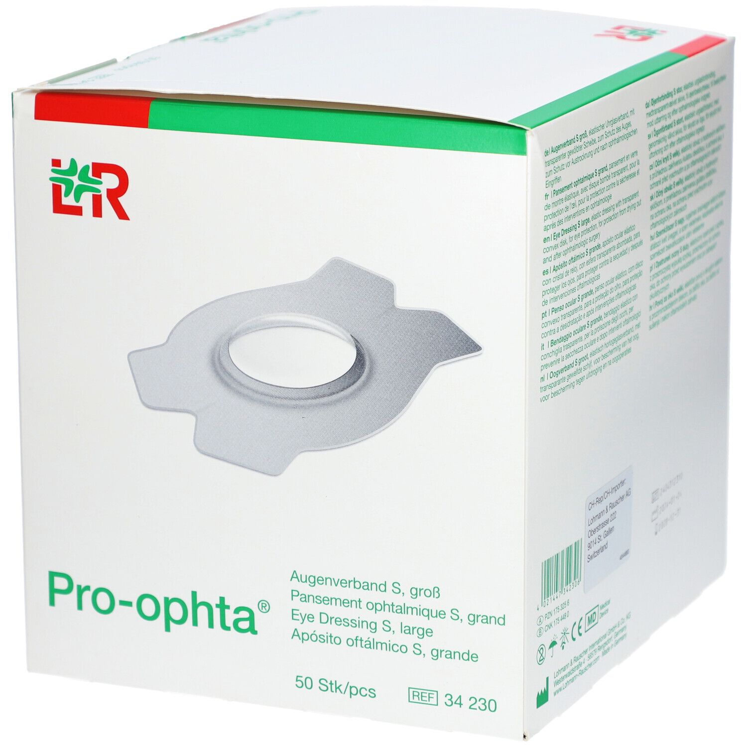 Karton mit Pro-ophta® Augenverband S. Aufdruck: Augenverband S, 50 Stück. Logo LR. Medizinprodukt.