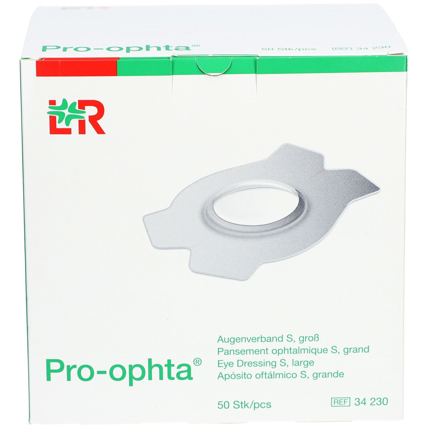 Karton mit Pro-ophta® Augenverband S. Aufdruck: Augenverband S, 50 Stück. Logo LR. Medizinprodukt.