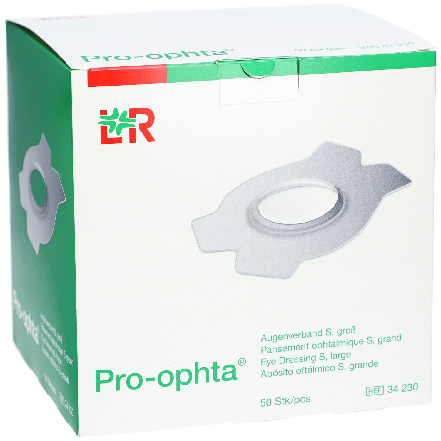 Karton mit Pro-ophta® Augenverband S. Aufdruck: Augenverband S, 50 Stück. Logo LR. Medizinprodukt.
