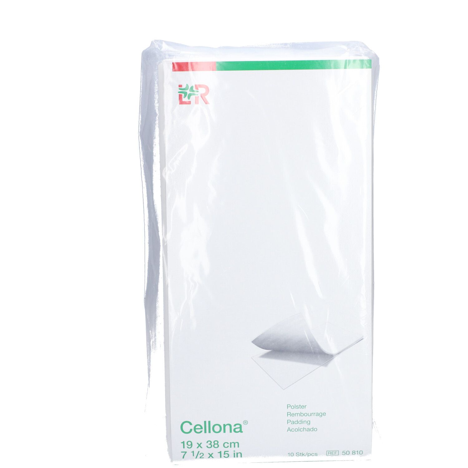 Cellona Kissen, 19 x 38 cm, in Folienverpackung. Aufdruck mit Produktname, Größe und Logo.