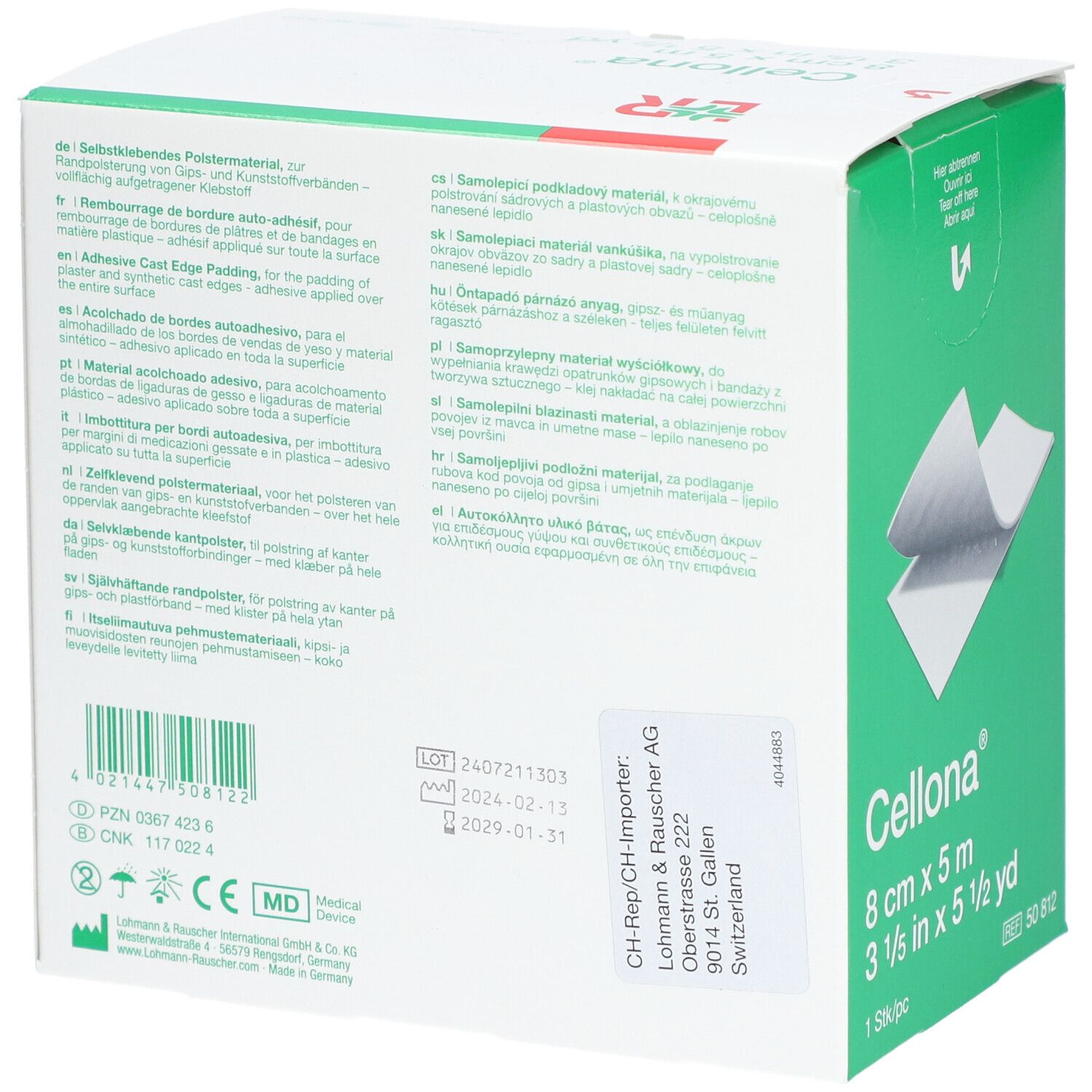 Rückseite der Cellona Randpolster-Verpackung. Text: Selbstklebendes Polstermaterial, Chargennummer, Hersteller.