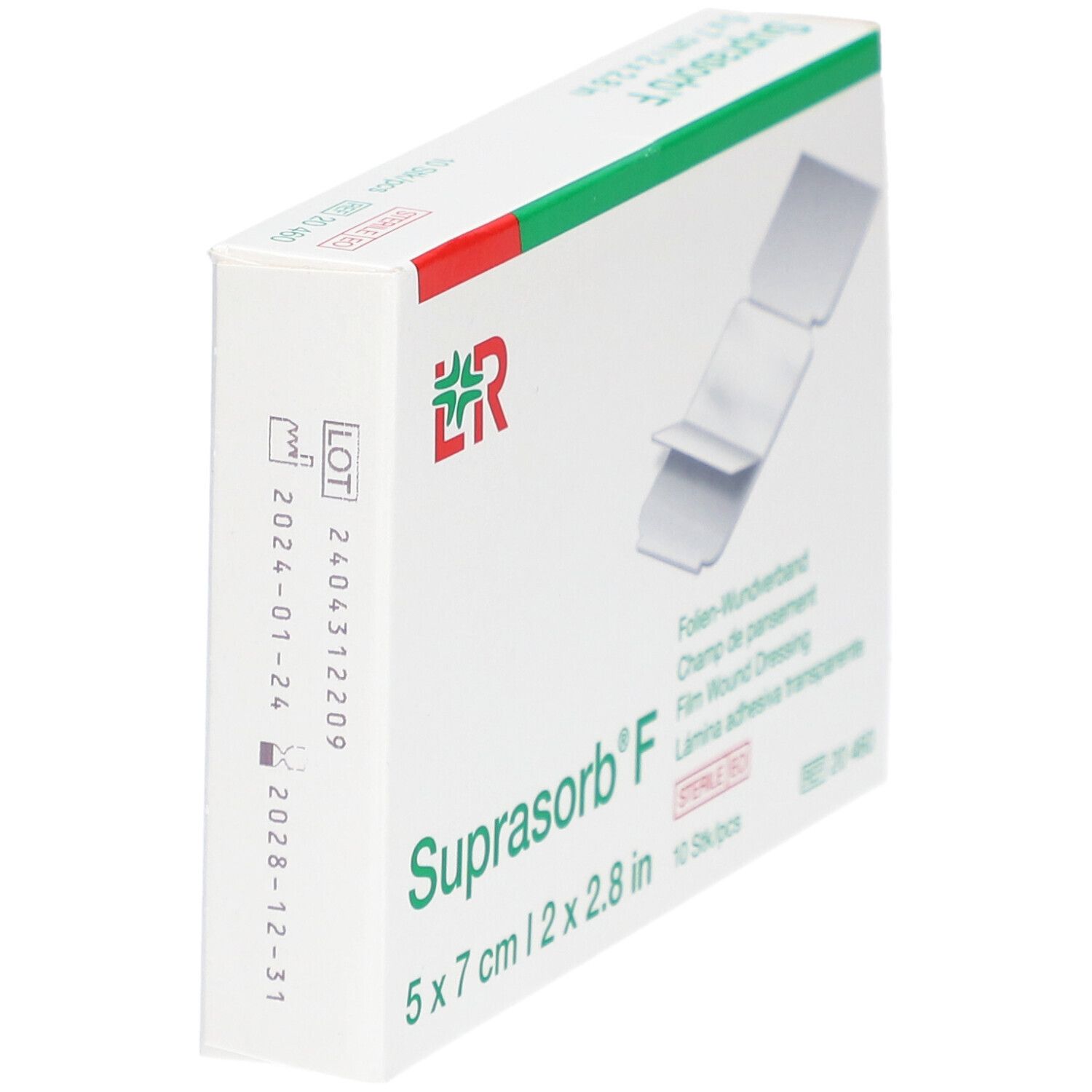 Vue latérale de l'emballage de Suprasorb® F. 5 x 7 cm, 10 pièces. Stérile.