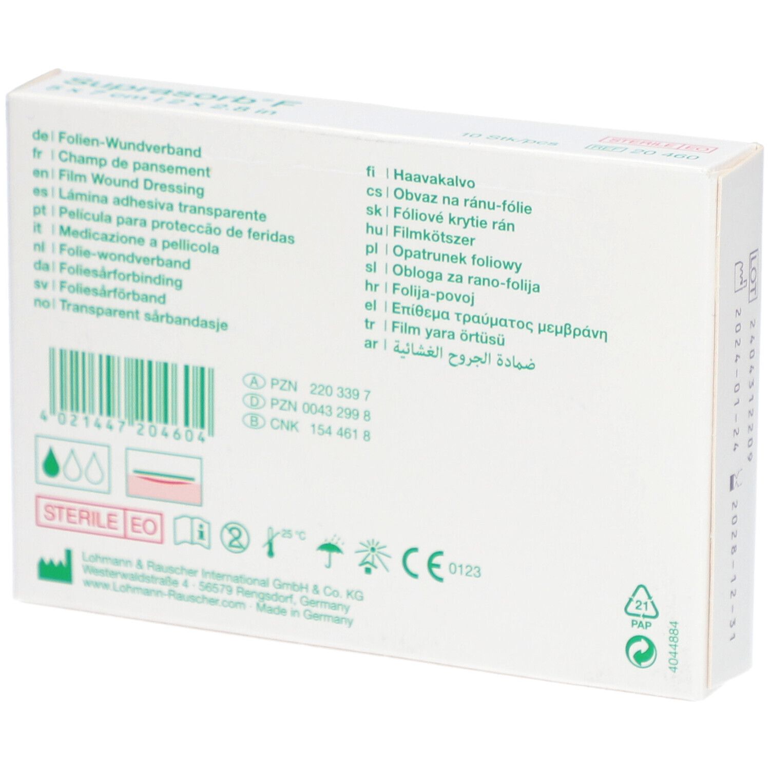 Dos de l'emballage de Suprasorb® F. Informations multilingues, certifications.