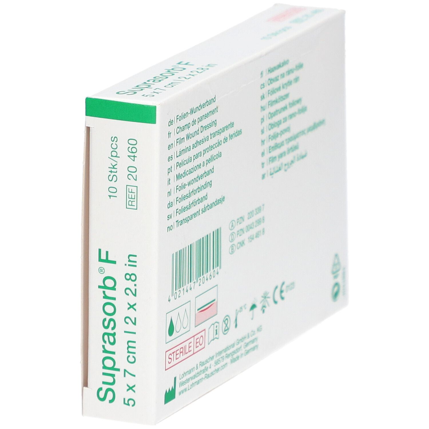 Vue latérale de l'emballage de Suprasorb® F. 5 x 7 cm, 10 pièces. Code-barres.