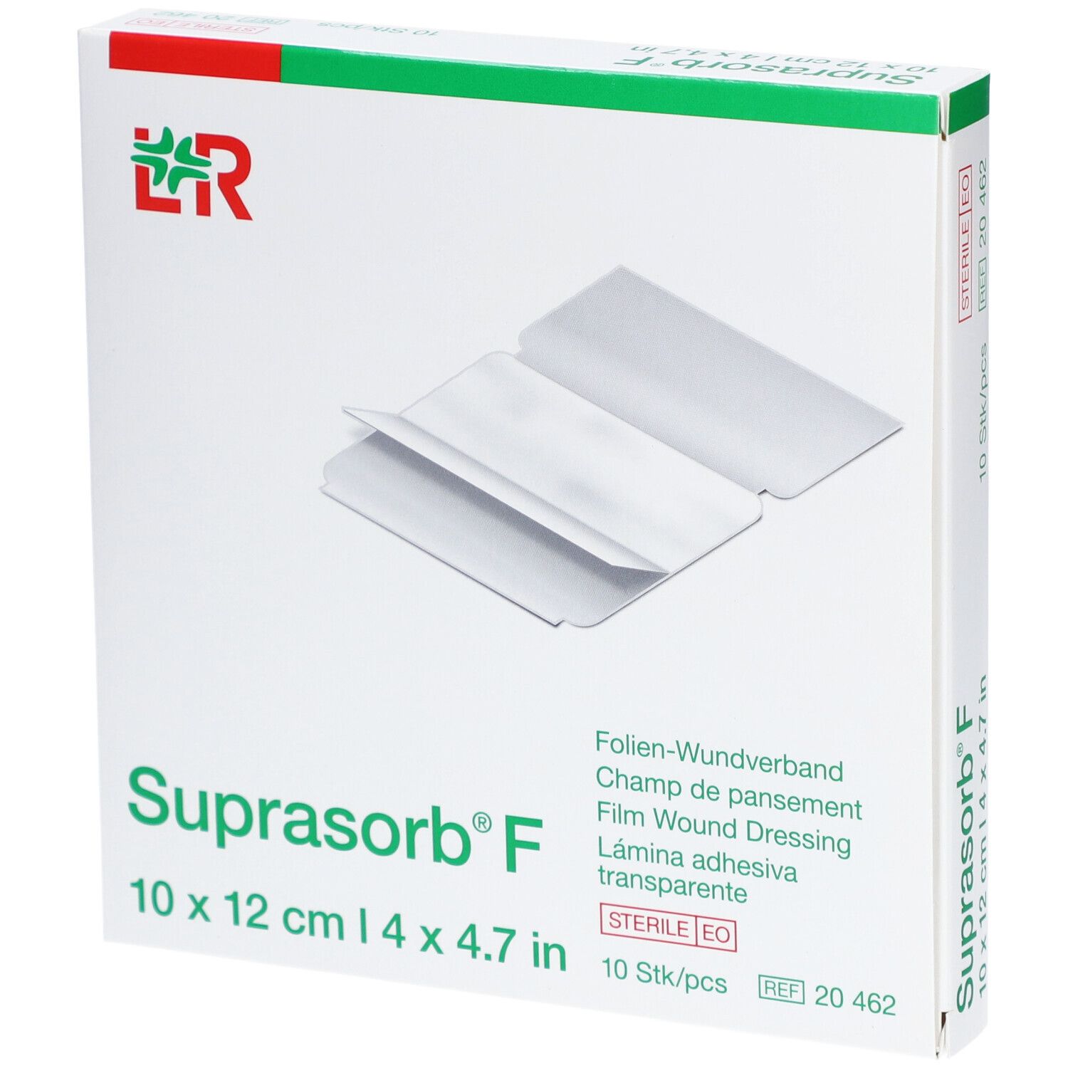 Verpackung von Suprasorb® F, 10 x 12 cm. Folien-Wundverband, sterile Packung mit 10 Stück. Logo und Produktbezeichnung sichtbar.