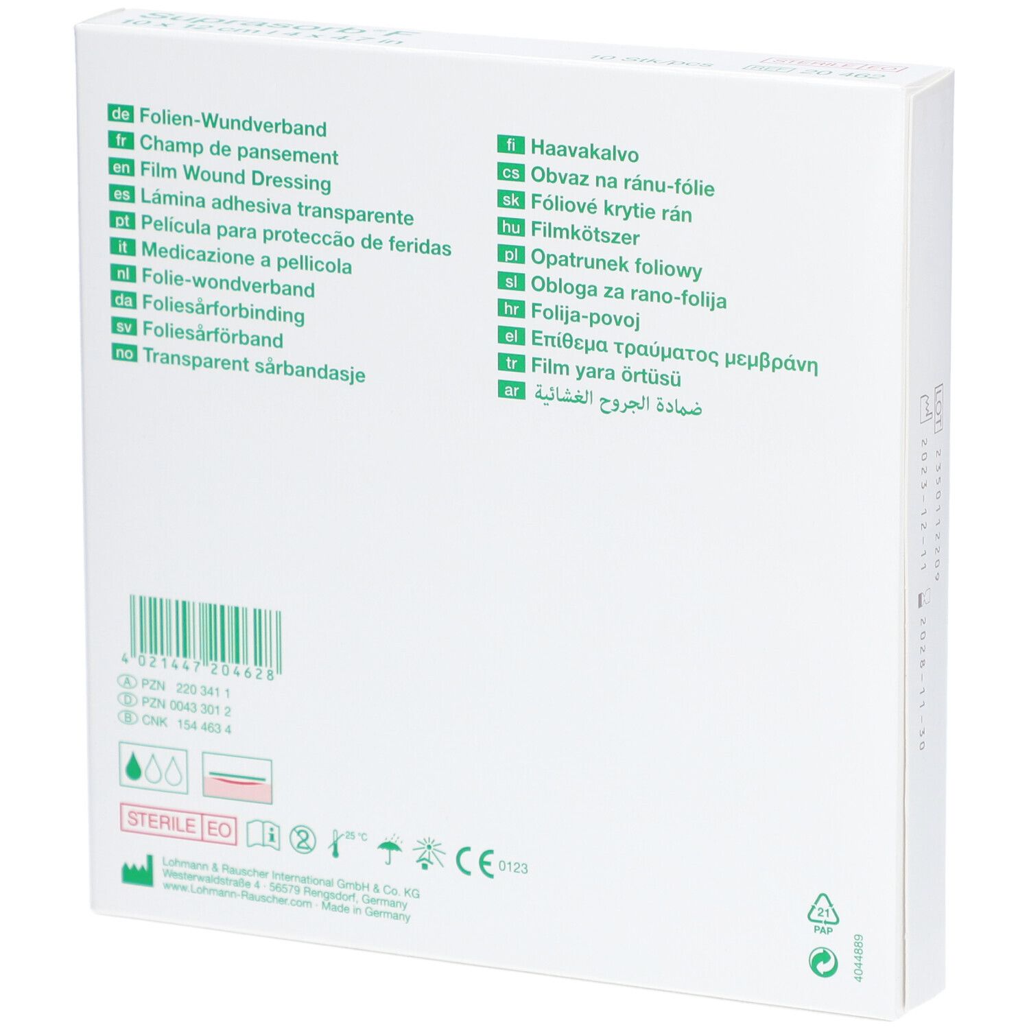 Rückseite der Suprasorb® F Verpackung. Mehrsprachige Produktbezeichnungen, Barcode und Zertifizierungen sind sichtbar.