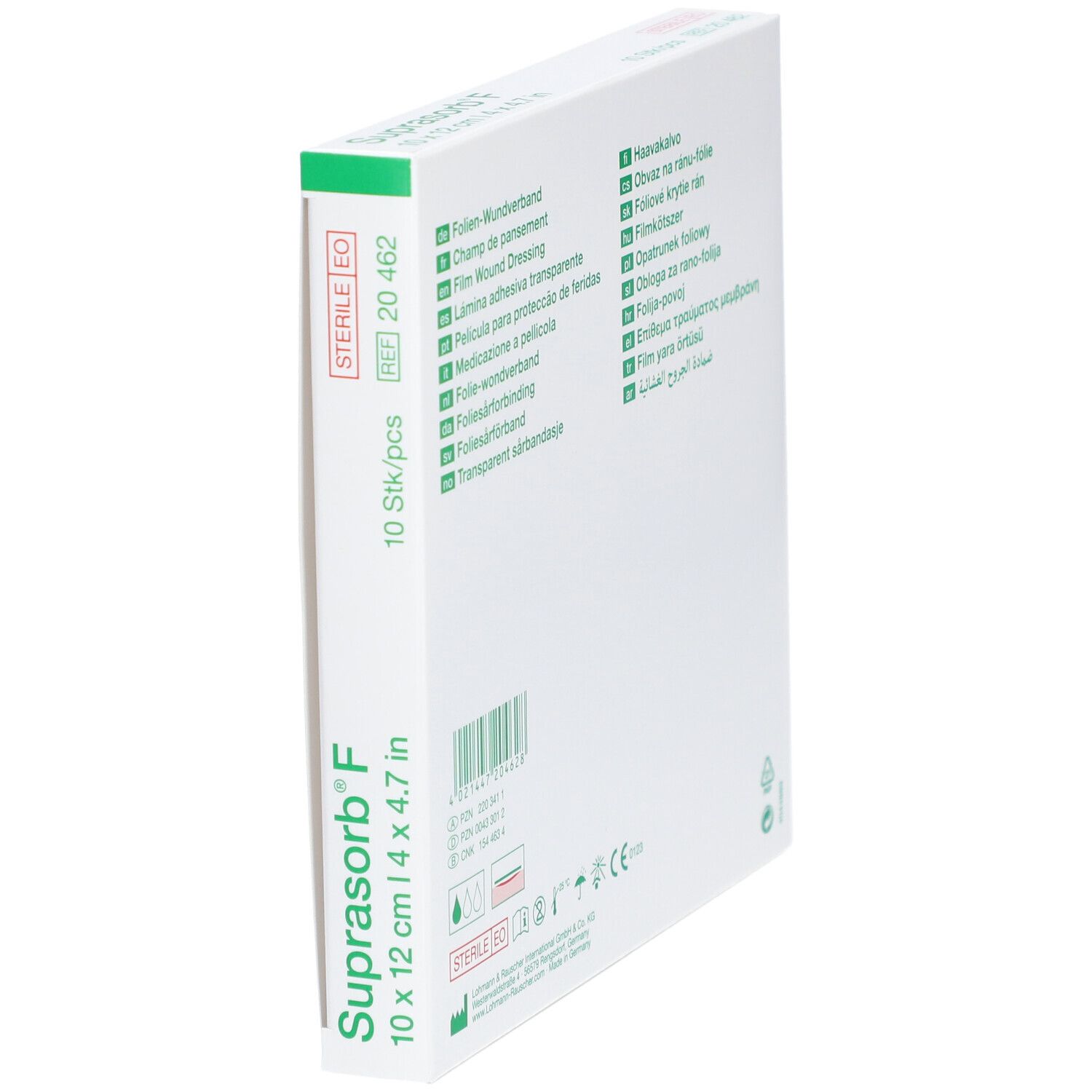 Seitenansicht der Suprasorb® F Verpackung. Produktname, Größe 10 x 12 cm und sterile Kennzeichnung sind deutlich sichtbar.