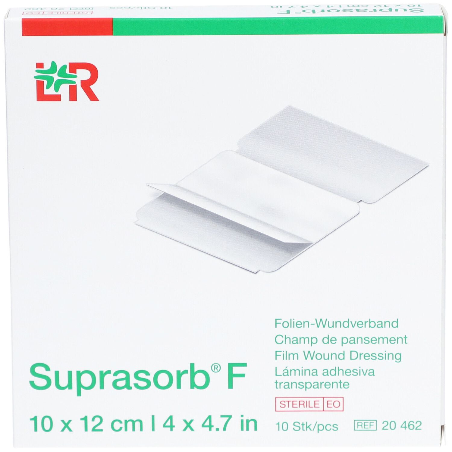 Verpackung von Suprasorb® F, 10 x 12 cm. Folien-Wundverband, sterile Packung mit 10 Stück. Logo und Produktbezeichnung sichtbar.