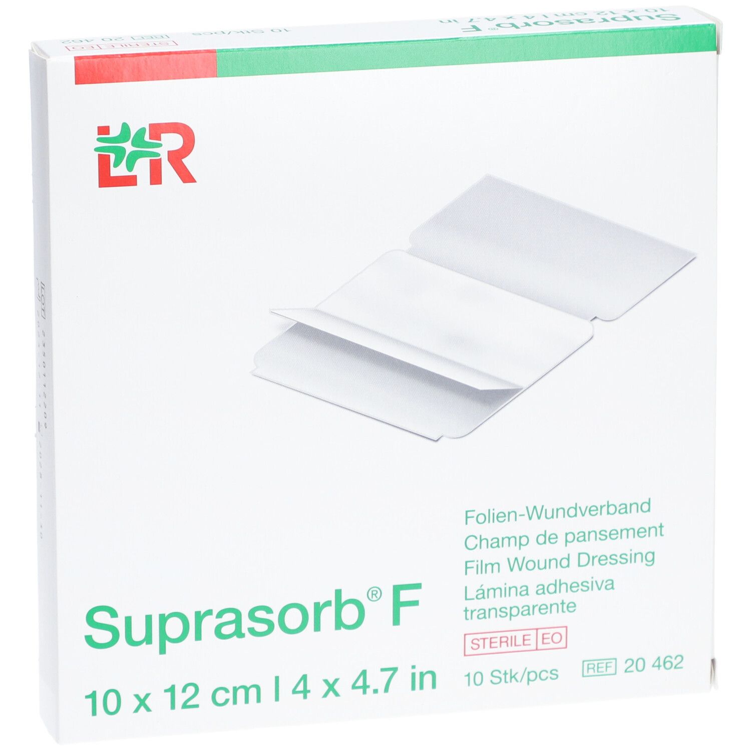 Verpackung von Suprasorb® F, 10 x 12 cm. Folien-Wundverband, sterile Packung mit 10 Stück. Logo und Produktbezeichnung sichtbar.