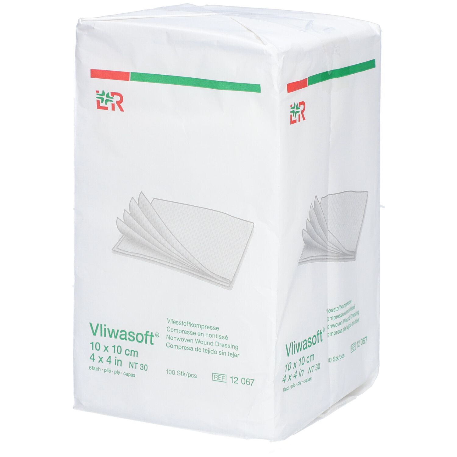 Verpackung mit Vliesstoffkompressen 10 x 10 cm. Aufdruck: Vliwasoft, 100 Stück, NT 30.