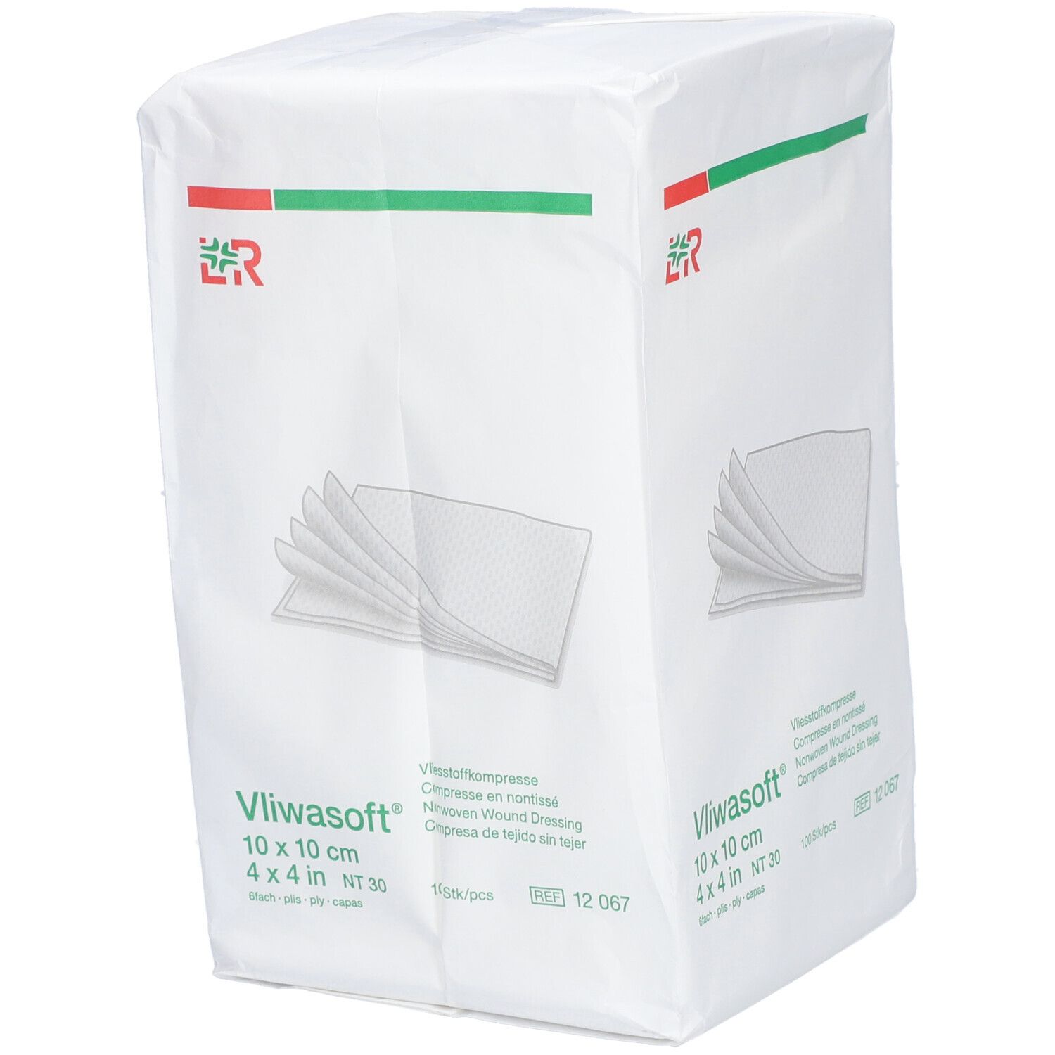 Verpackung mit Vliesstoffkompressen 10 x 10 cm. Aufdruck: Vliwasoft, 100 Stück, NT 30.