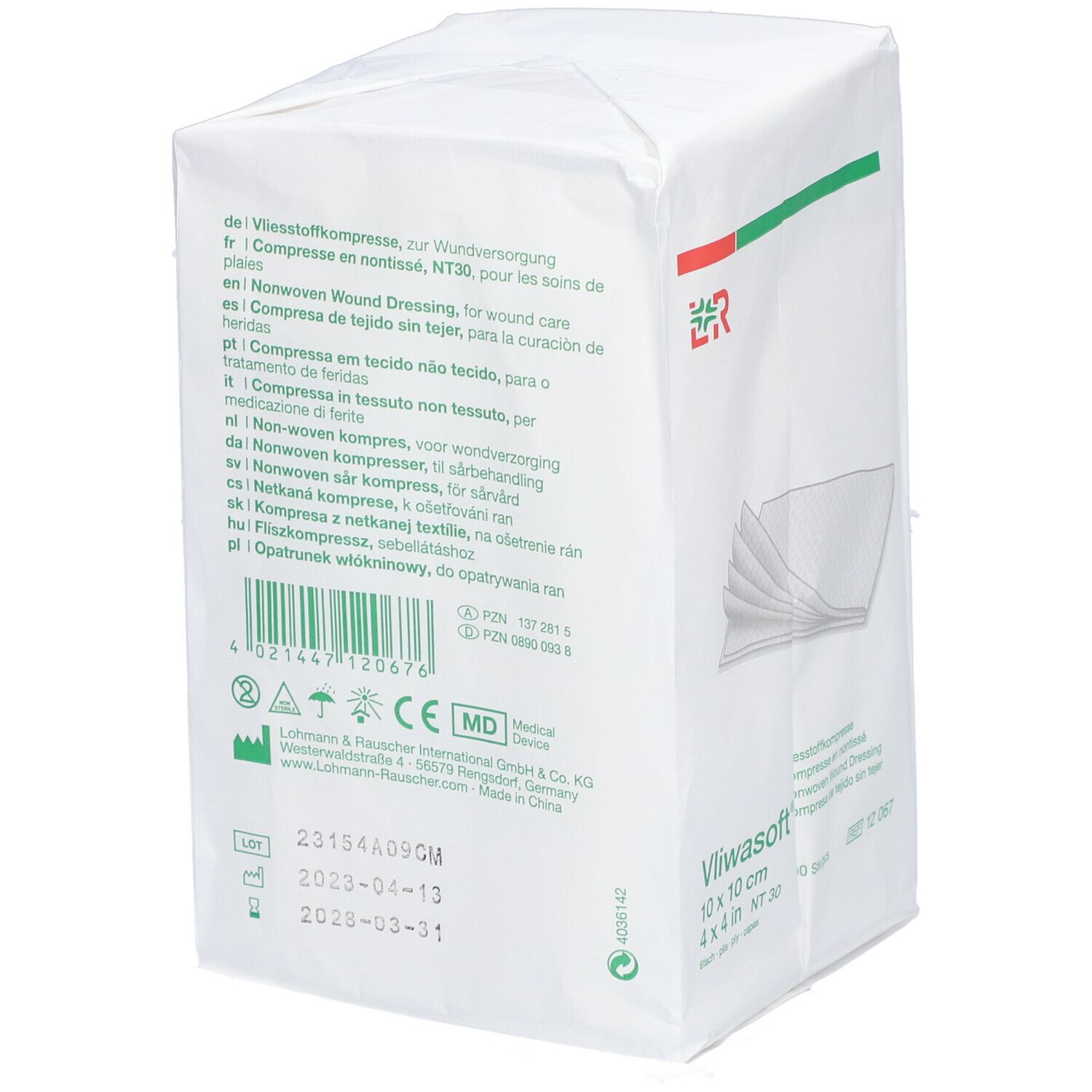 Verpackung mit Vliesstoffkompressen. Aufdruck: Vliwasoft, 10 x 10 cm, 100 Stück. CE-Kennzeichnung.