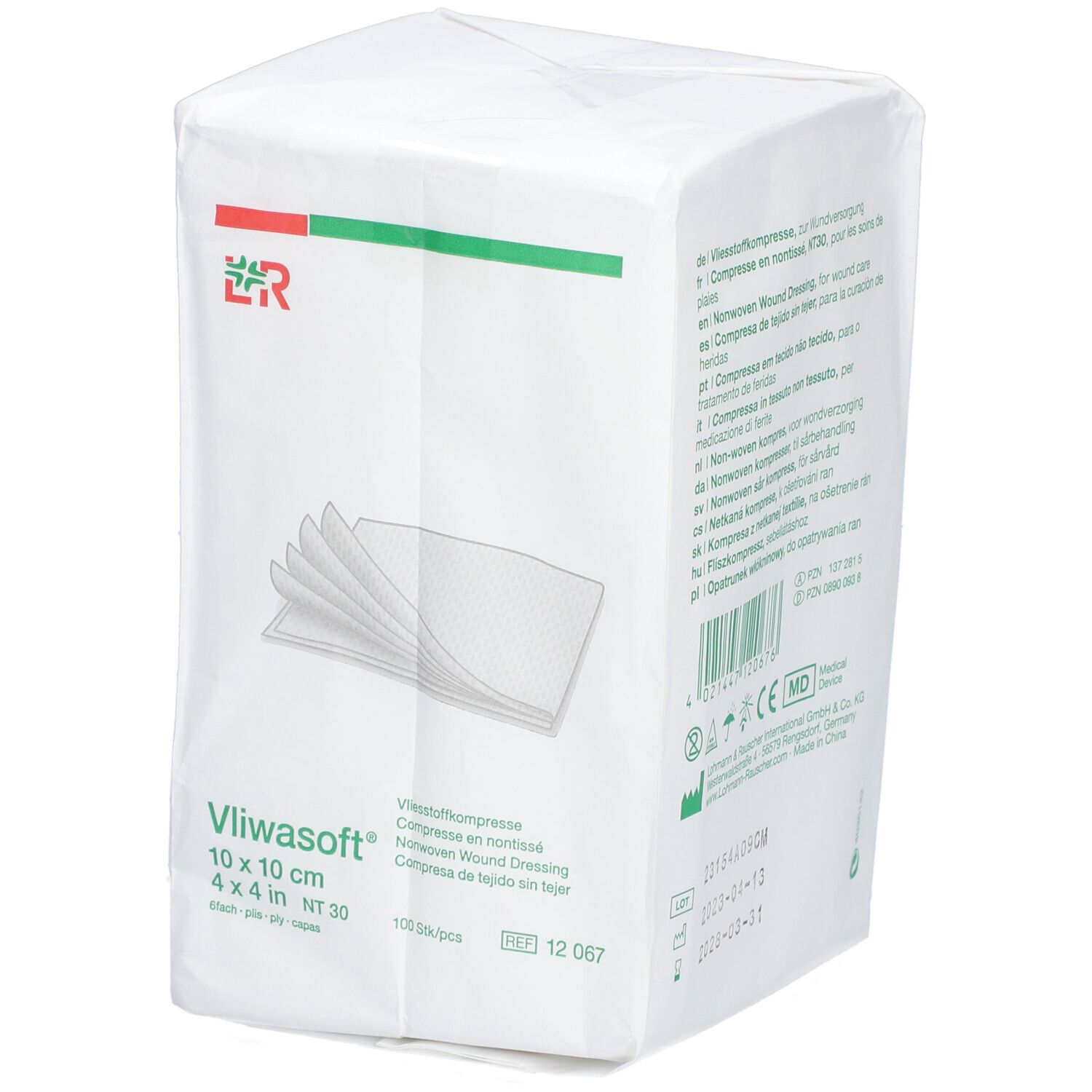 Verpackung mit Vliesstoffkompressen 10 x 10 cm. Aufdruck: Vliwasoft, 100 Stück, NT 30.