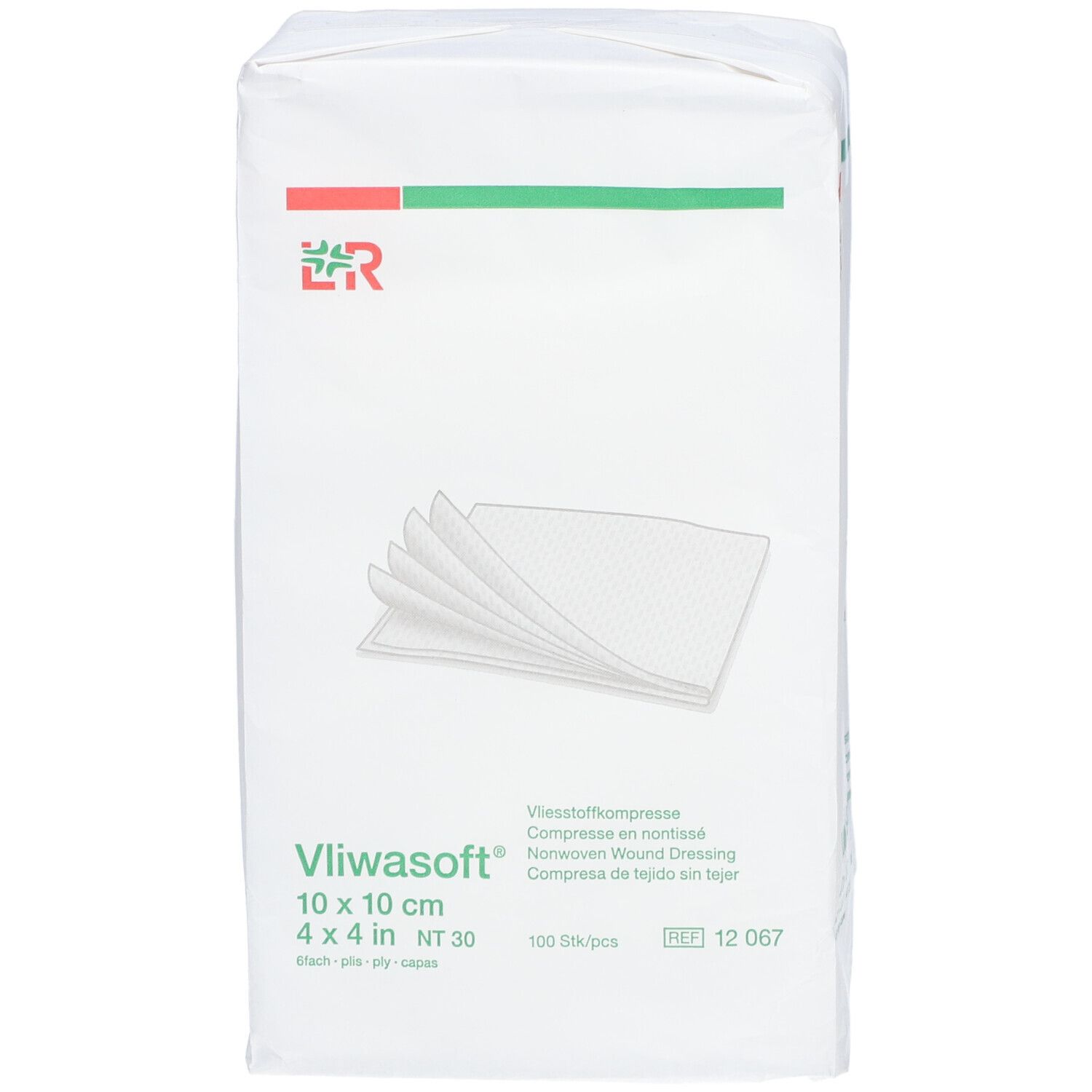 Verpackung mit Vliesstoffkompressen 10 x 10 cm. Aufdruck: Vliwasoft, 100 Stück, NT 30.