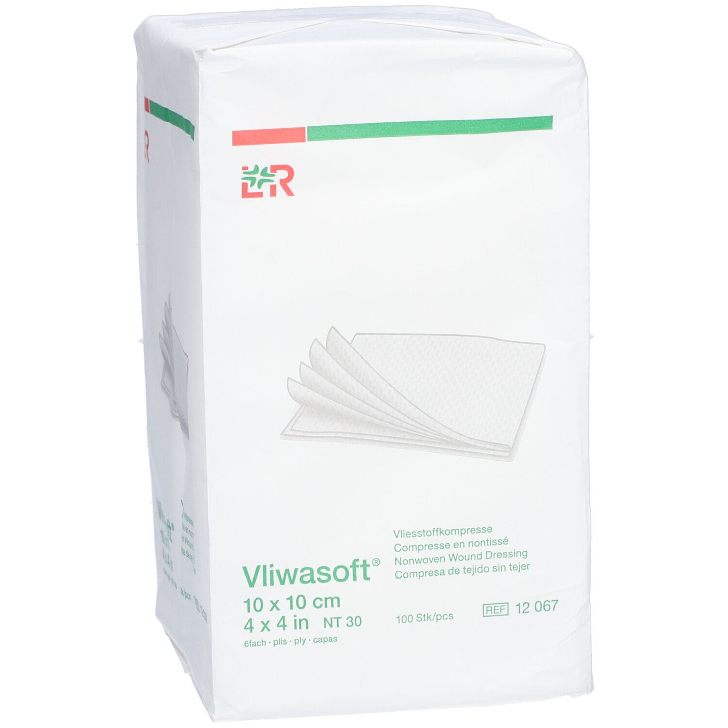 Verpackung mit Vliesstoffkompressen 10 x 10 cm. Aufdruck: Vliwasoft, 100 Stück, NT 30.