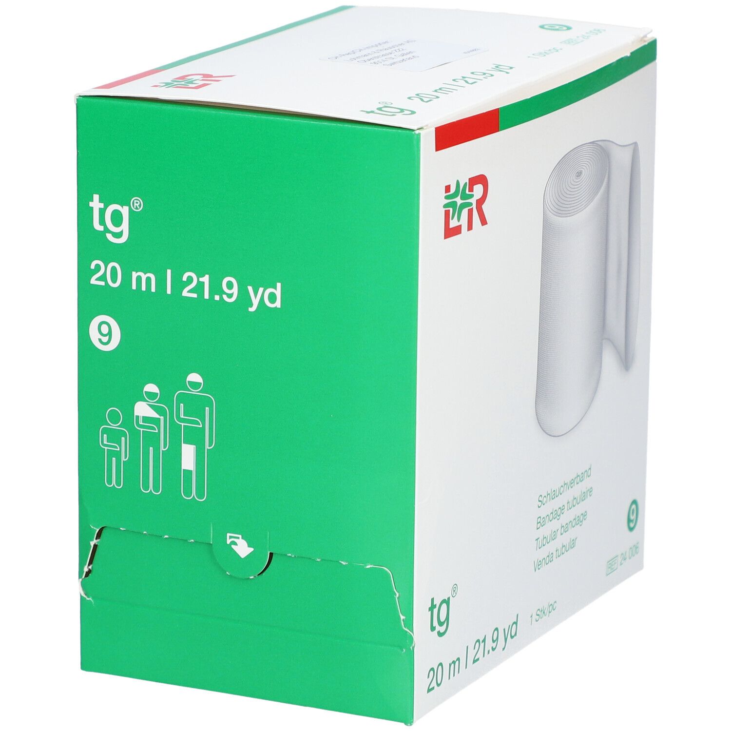 Grüne Box mit tg® Schlauchverband Gr. 9, 20 m. Abbildung des Produkts. Produktinformationen.