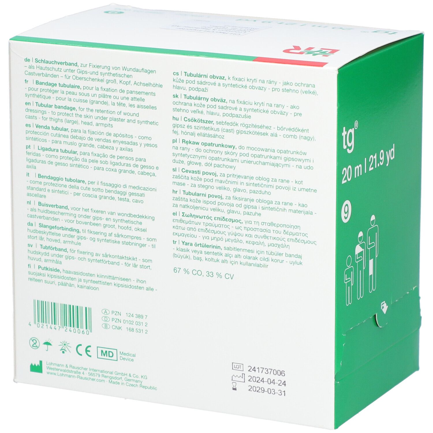 Rückseite der tg® Schlauchverband-Verpackung. Text in mehreren Sprachen. Medizinische Zertifizierung.