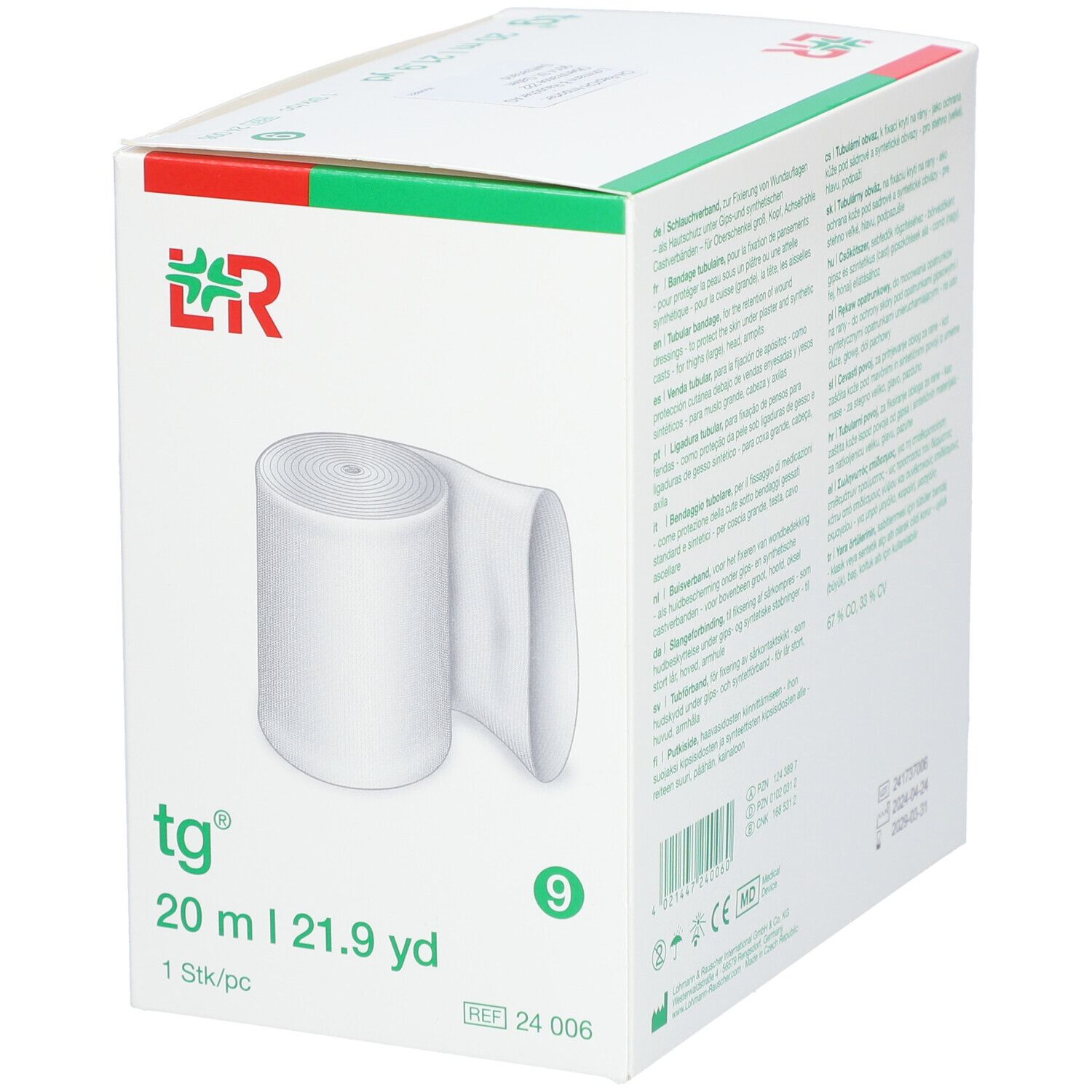 tg® Schlauchverband Gr. 9, 20 m, in Verpackung. Weißes, gerolltes Band. Box mit Produktinformationen.