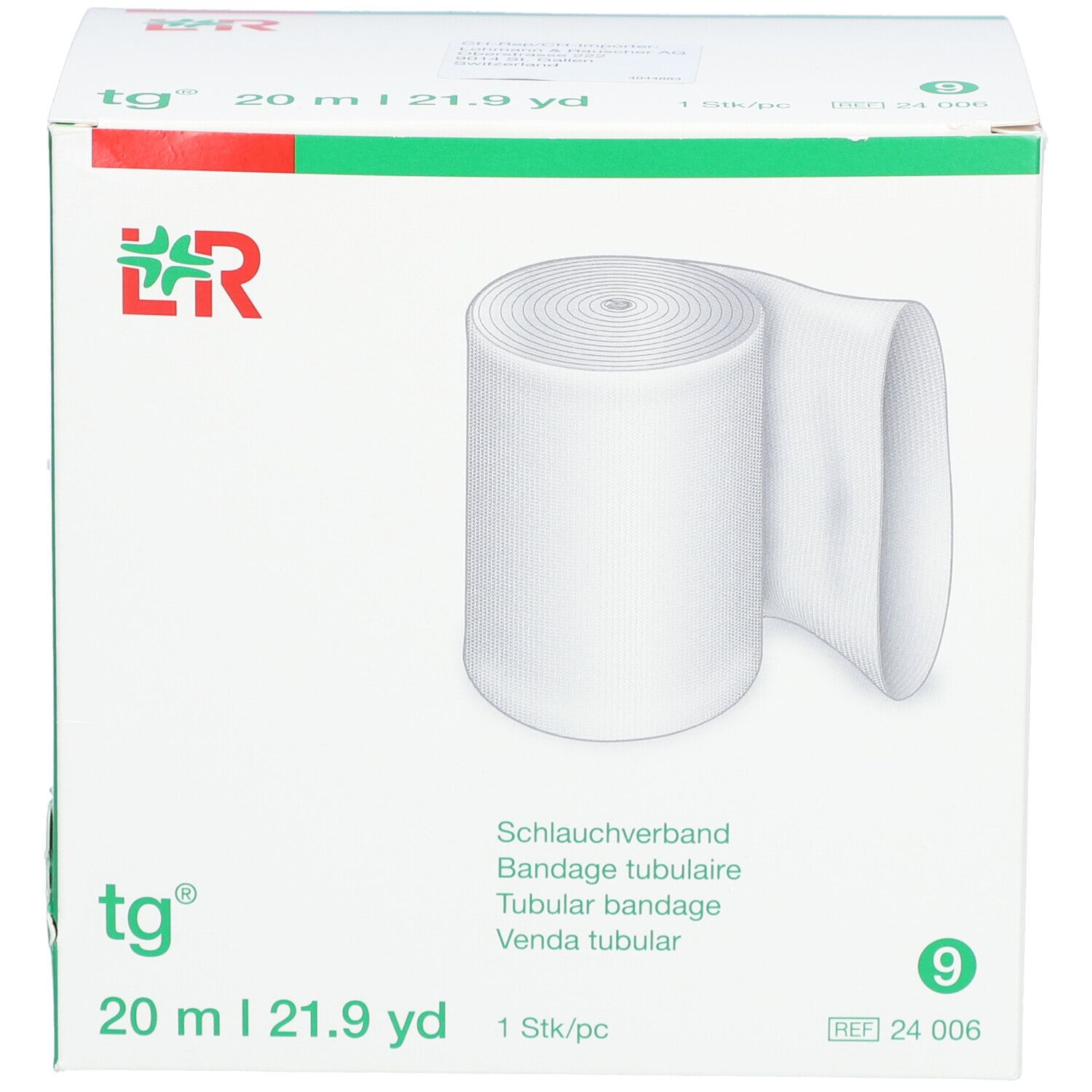 tg® Schlauchverband Gr. 9, 20 m, in Verpackung. Weißes, gerolltes Band. Box mit Produktinformationen.