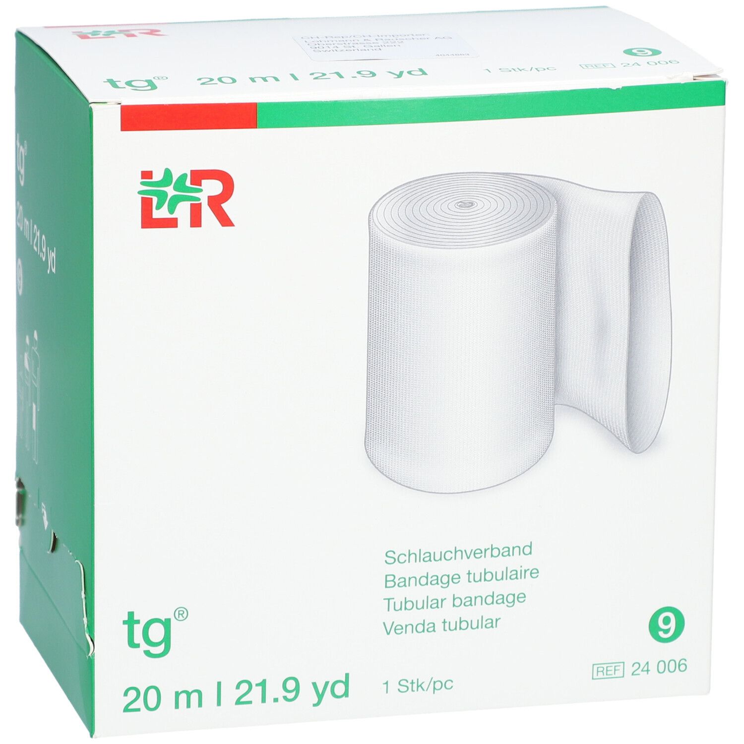 tg® Schlauchverband Gr. 9, 20 m, in Verpackung. Weißes, gerolltes Band. Box mit Produktinformationen.