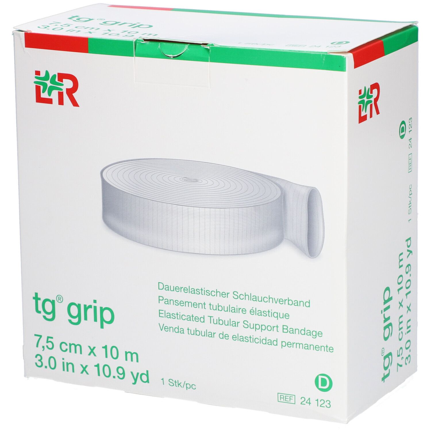 Verpackung von L&R tg® grip. Weißer Schlauchverband, 7,5 cm x 10 m. L&R Logo. Text: Dauerelastischer Schlauchverband.