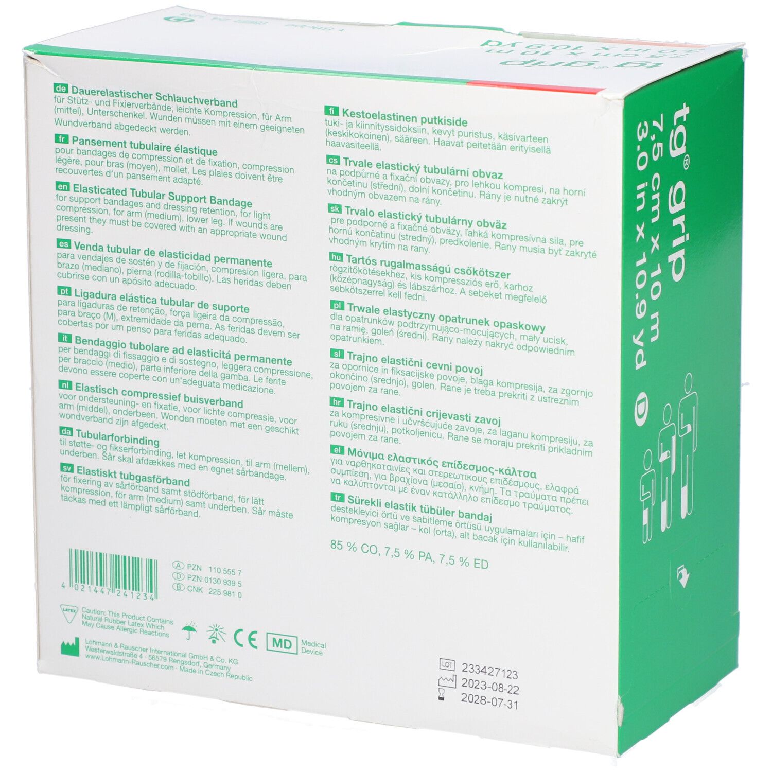 Rückseite der Verpackung von L&R tg® grip. Text in mehreren Sprachen. Inhaltsstoffe. Medizinprodukt-Kennzeichnung.
