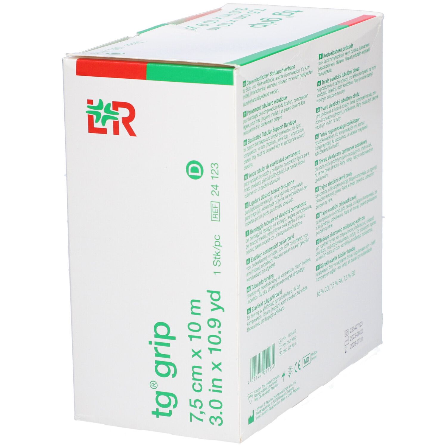 Verpackung von L&R tg® grip. Weißer Schlauchverband, 7,5 cm x 10 m. L&R Logo. Text: Dauerelastischer Schlauchverband.