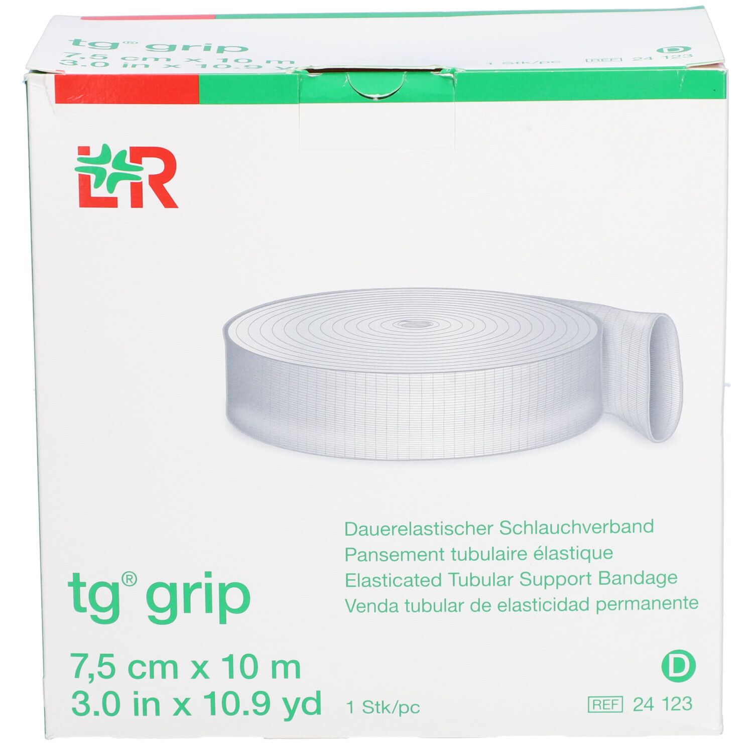 Verpackung von L&R tg® grip. Weißer Schlauchverband, 7,5 cm x 10 m. L&R Logo. Text: Dauerelastischer Schlauchverband.