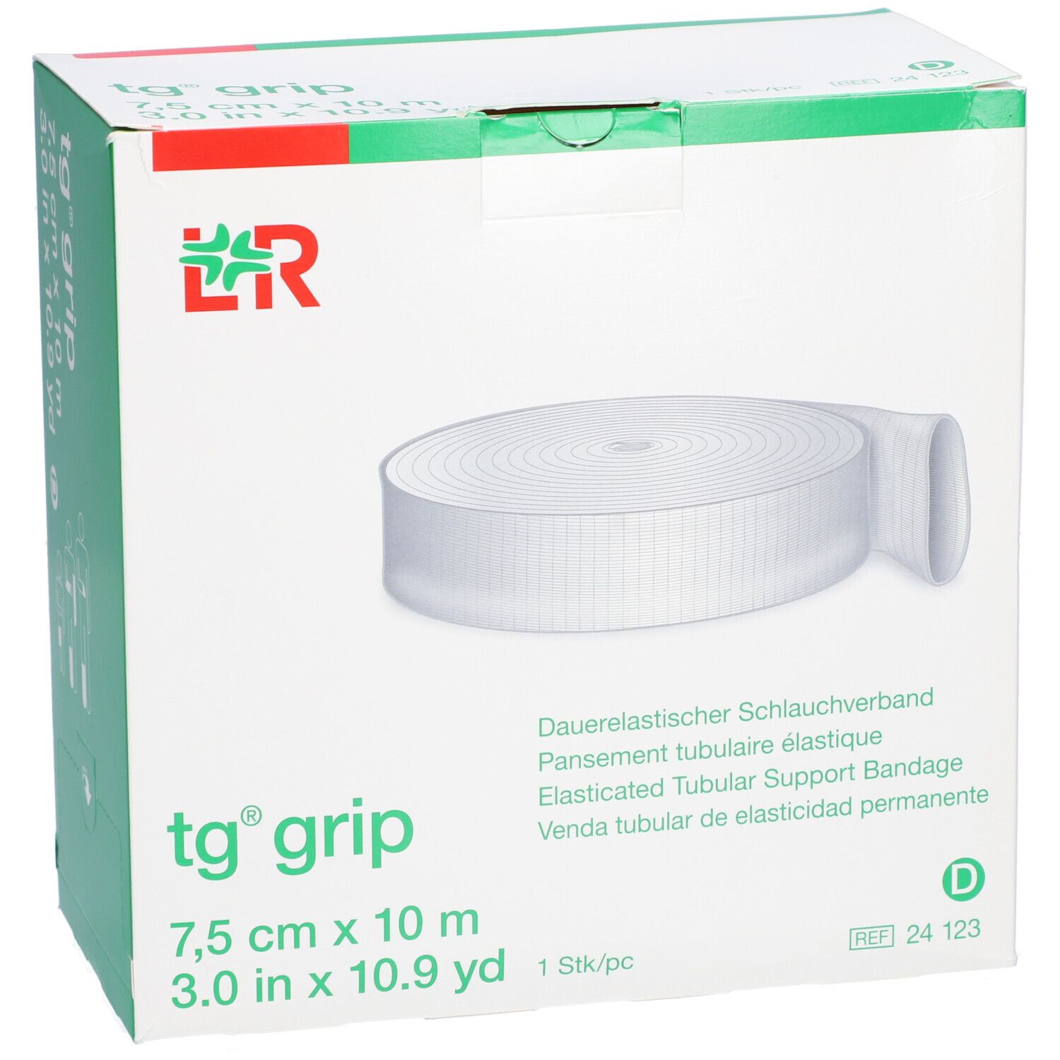 Verpackung von L&R tg® grip. Weißer Schlauchverband, 7,5 cm x 10 m. L&R Logo. Text: Dauerelastischer Schlauchverband.