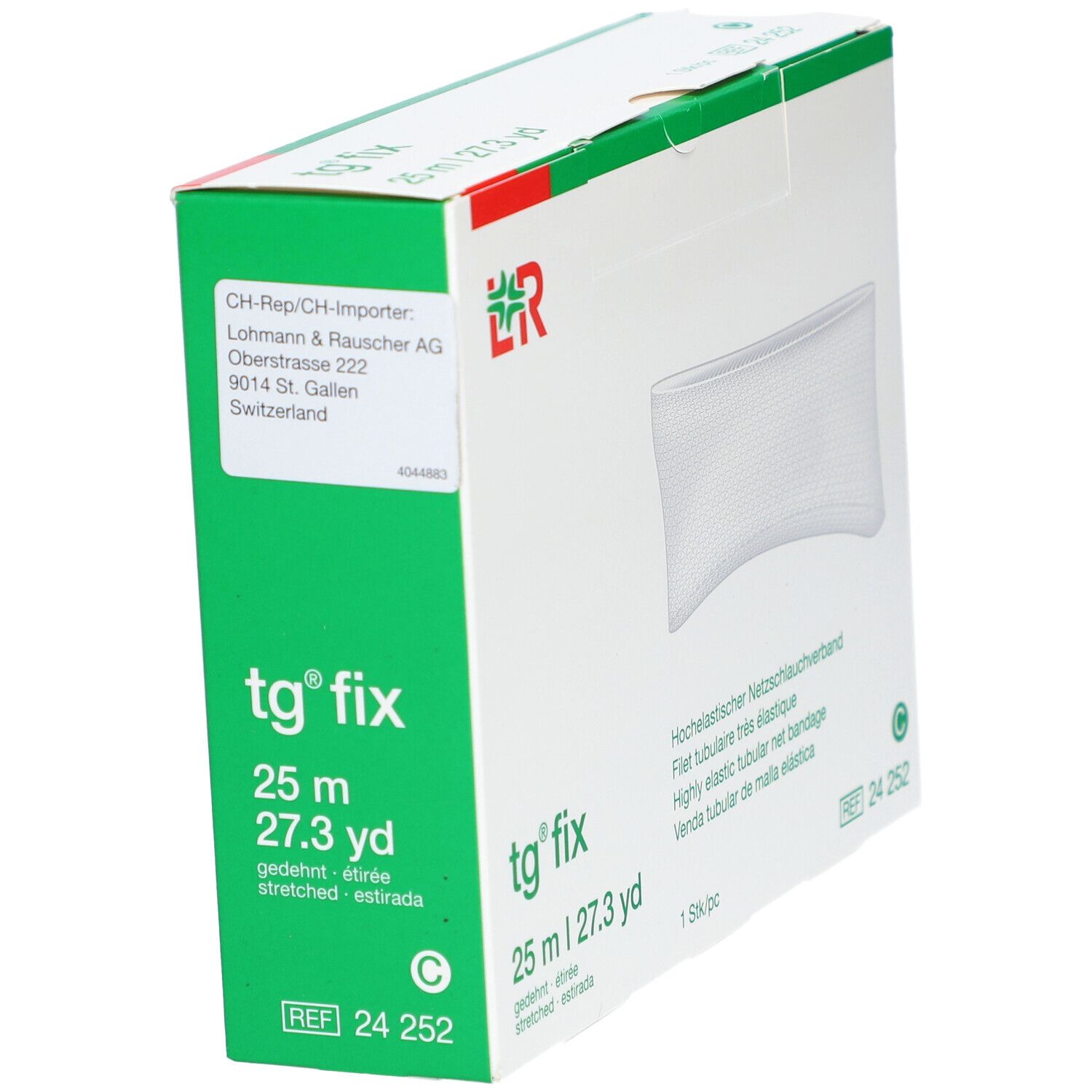 Emballage tg® fix Gr. C 25 m en biais. Boîte verte et blanche avec informations produit. 25 m, 27.3 yd. Logo et adresse.