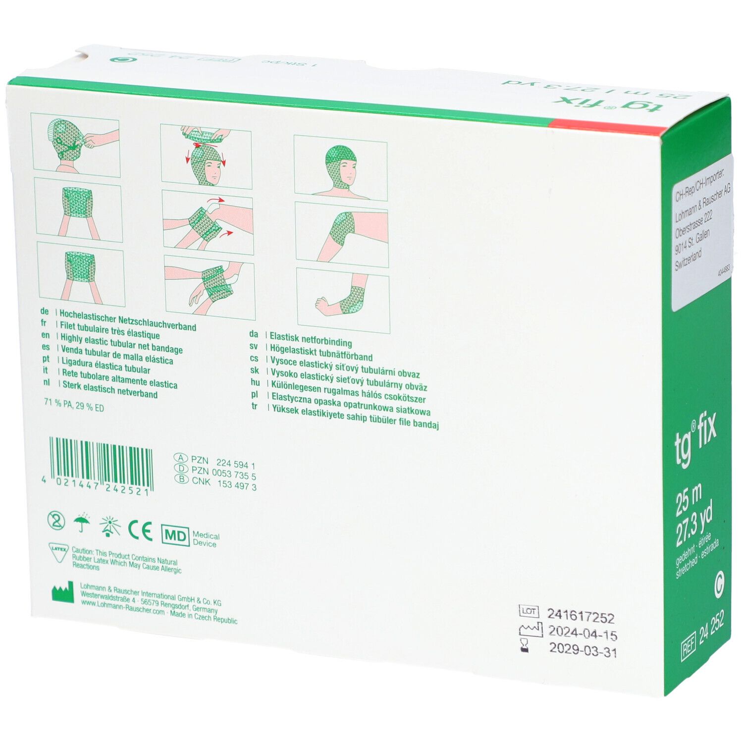 Dos de l'emballage tg® fix Gr. C 25 m. Illustrations d'application. Certification médicale. Date de péremption.