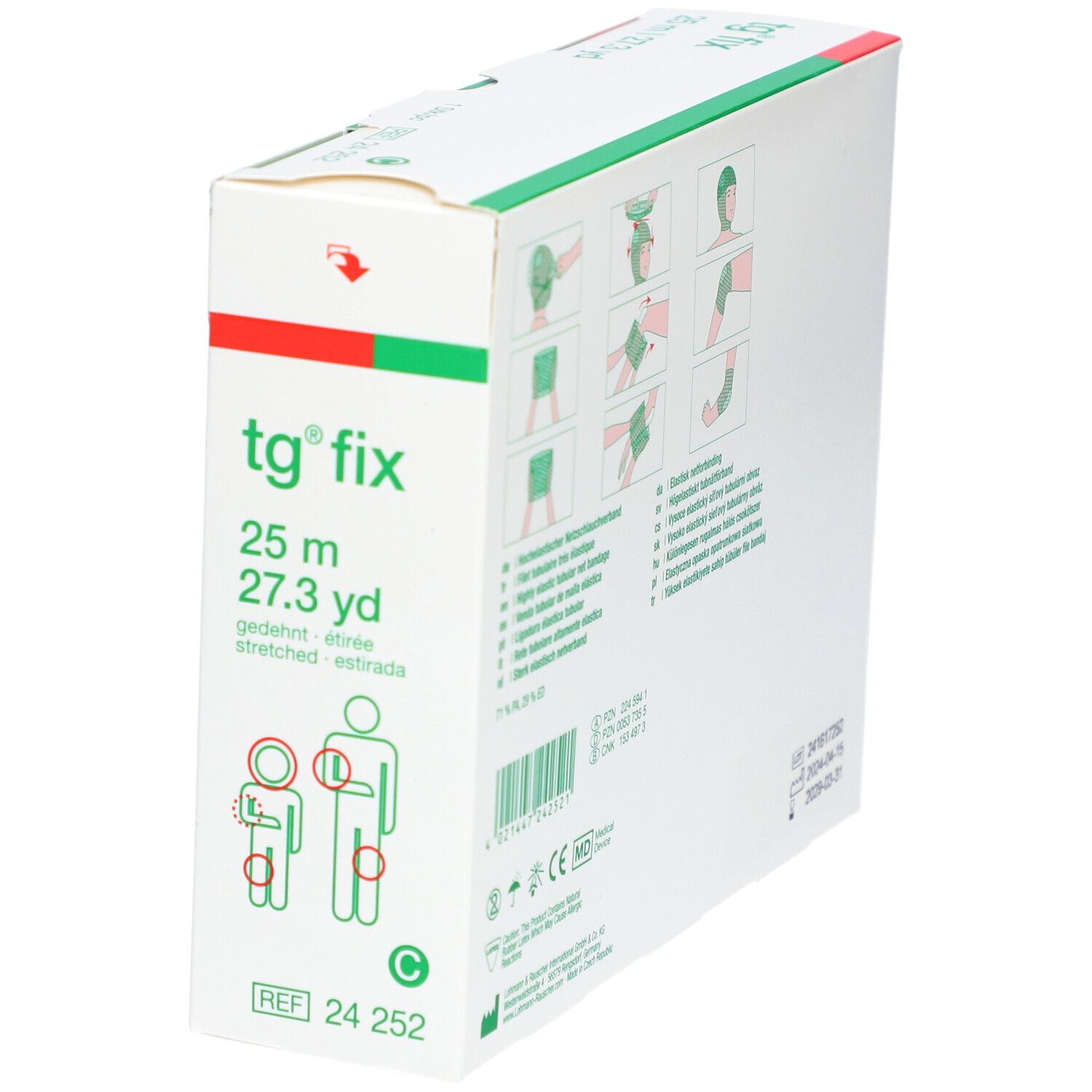 Emballage tg® fix Gr. C 25 m en biais. Illustrations d'application. 25 m, 27.3 yd. Logo et numéro de référence.