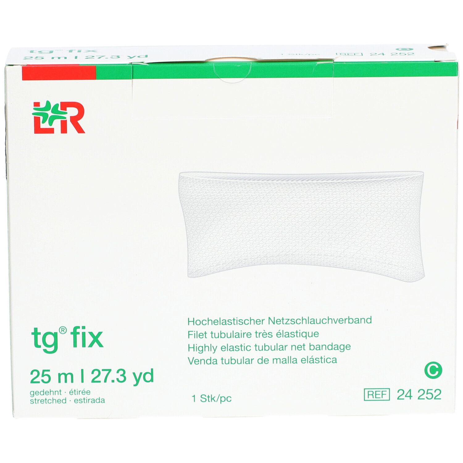 tg® fix Gr. C 25 m bandage tubulaire en emballage. 25 m, 27.3 yd. 1 pièce. Produit blanc sur fond blanc.