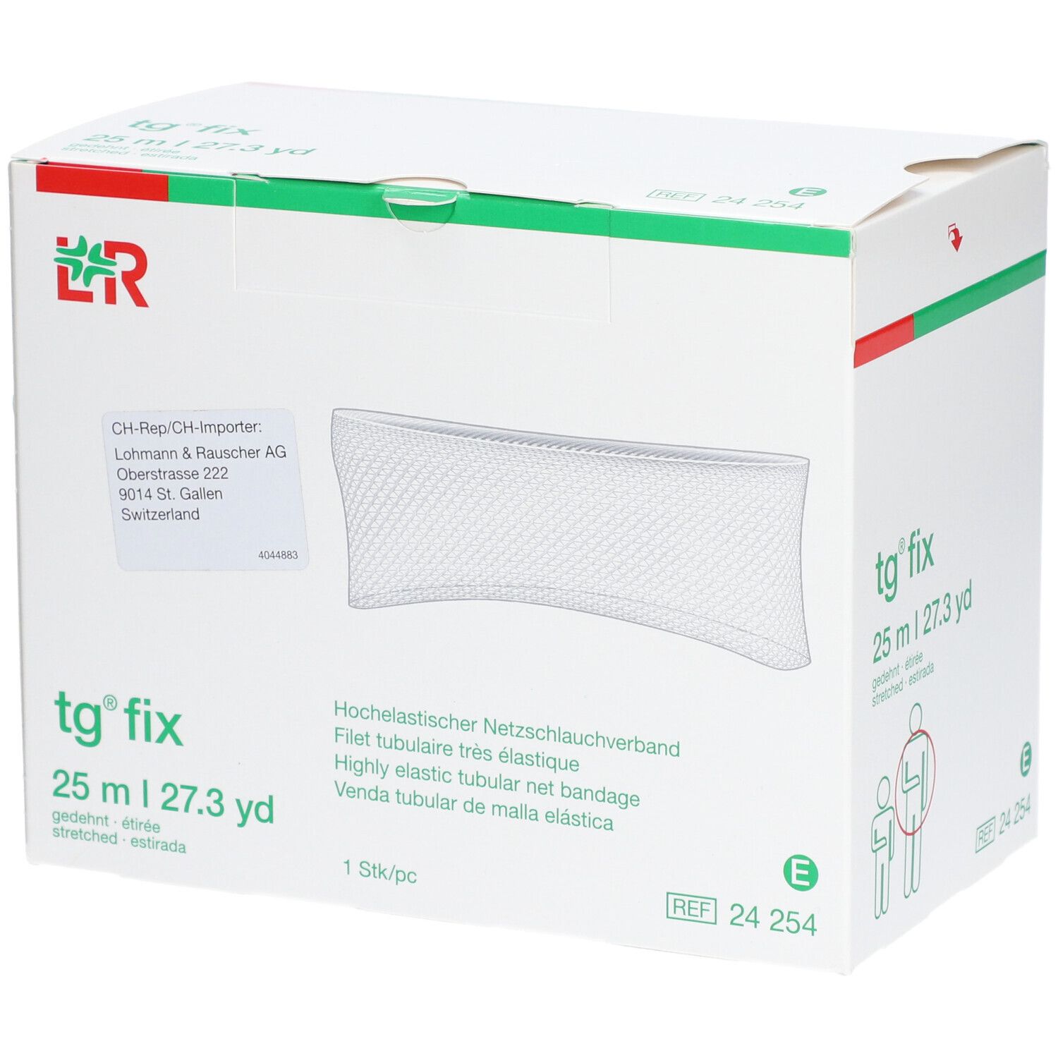 Verpackung von tg fix Netzschlauchverband. 25 m. Weißer Karton mit Produktabbildung und Text.