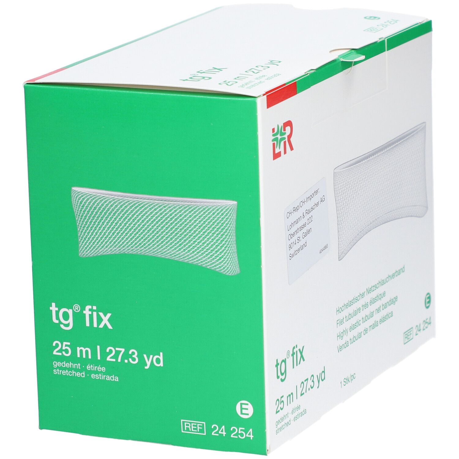 tg fix Verpackung. Grüner und weißer Karton mit Produktabbildung und Text. 25 m.