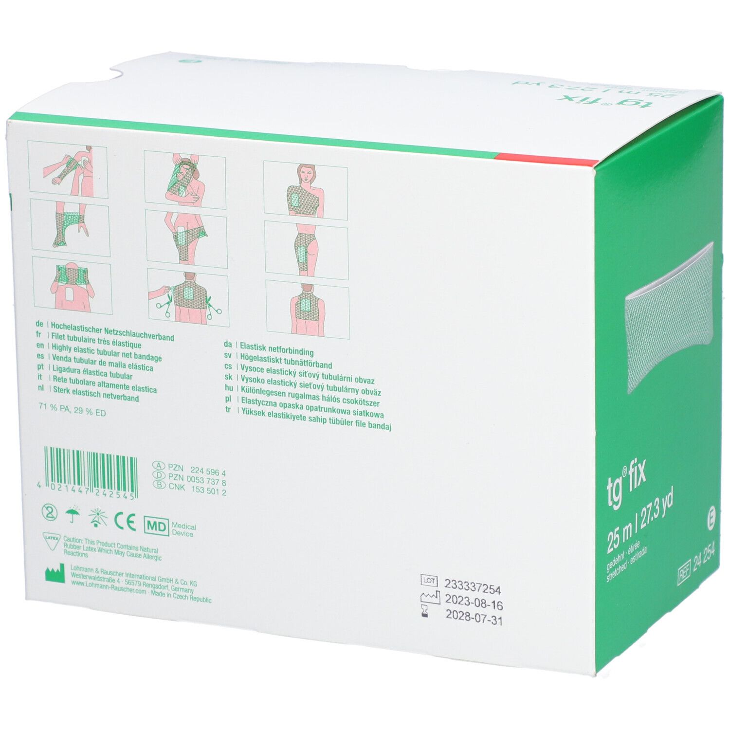 Rückseite der tg fix Verpackung. Illustrationen zur Anwendung. Text in mehreren Sprachen. 25 m.