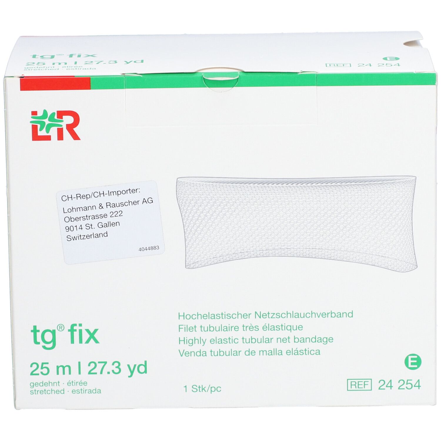 tg fix Verpackung. Weißer Karton mit Produktabbildung und Text. 25 m. Herstellerinformationen.
