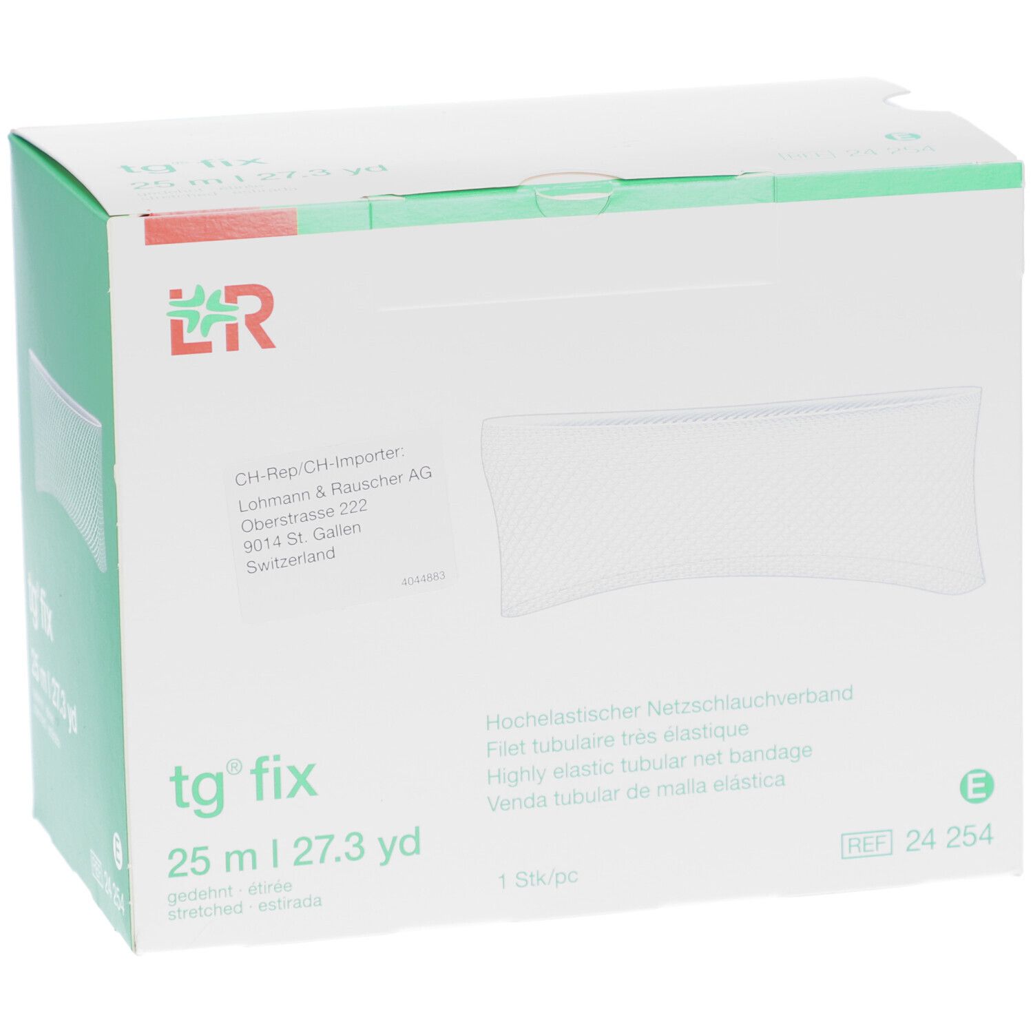 tg fix Verpackung. Weißer Karton mit Produktabbildung und Text. 25 m. Herstellerinformationen.