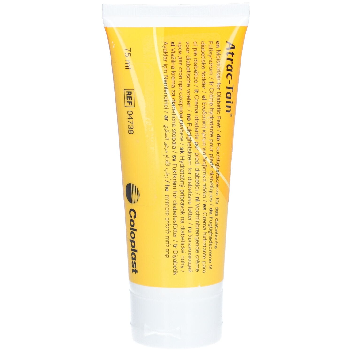Tube jaune avec bouchon blanc. Inscription Atrac-Tain, 75 ml, REF 04738 et logo Coloplast. Texte multilingue.
